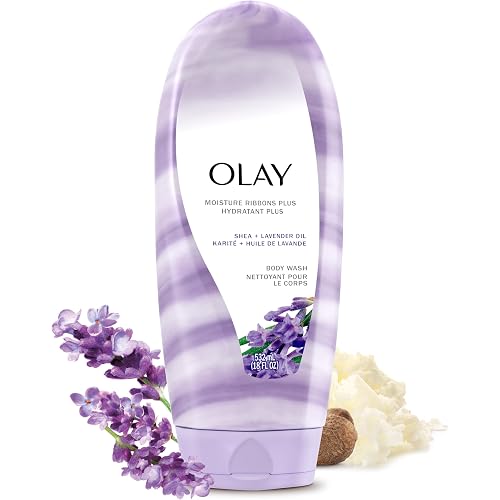 Olay Body Wash for Women, Moisture Ribbons Plus, Deep Conditioning & Moisturizing Formula, Long Lasting Smooth Soft Skin, For All Skin Types, Shea Butter & Lavender Oil Scent, 18 fl oz