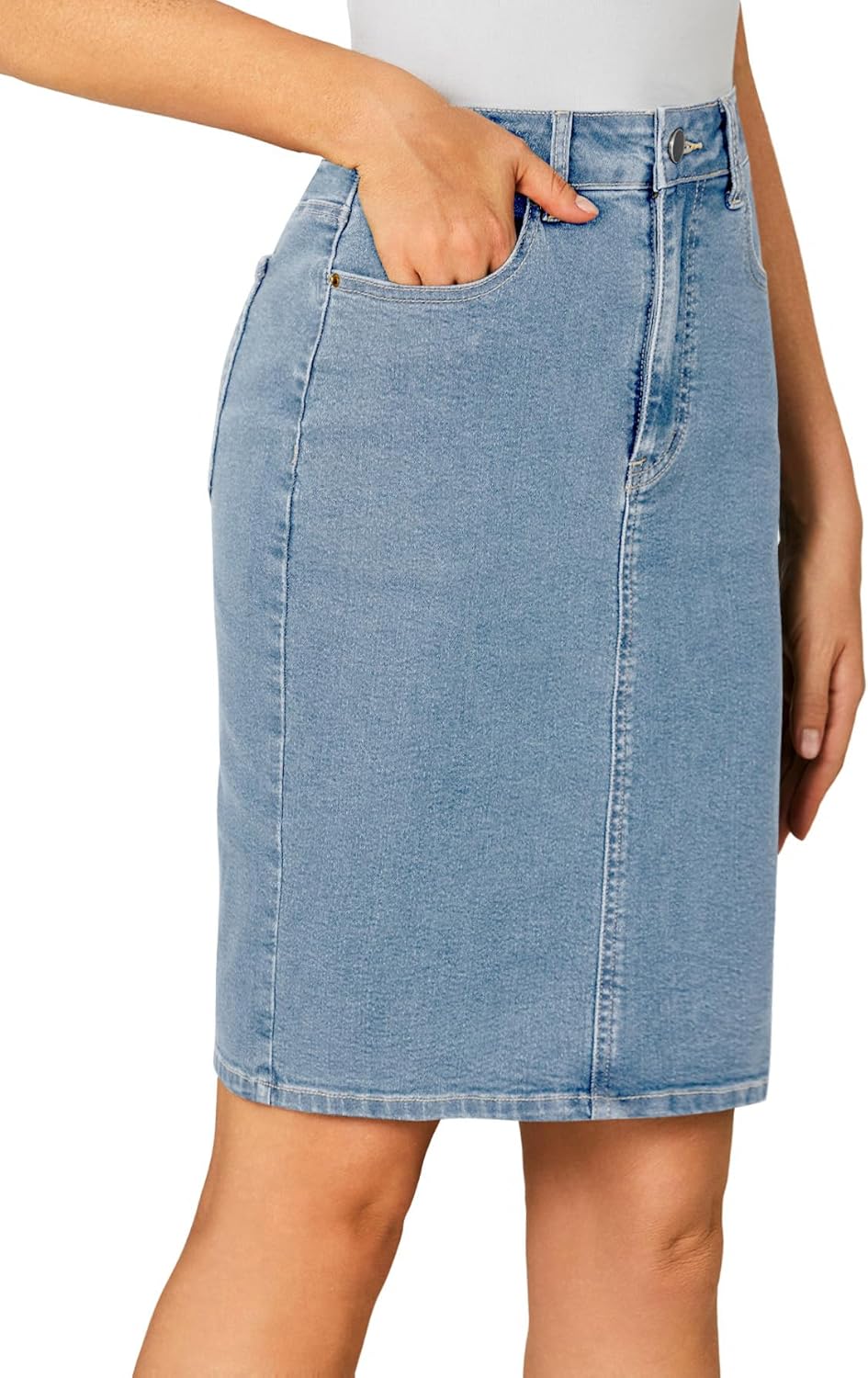 OPOIPIN Women's Casual Stretch High Waist Back Slit Denim Jean Knee Length Skirt - Image 4