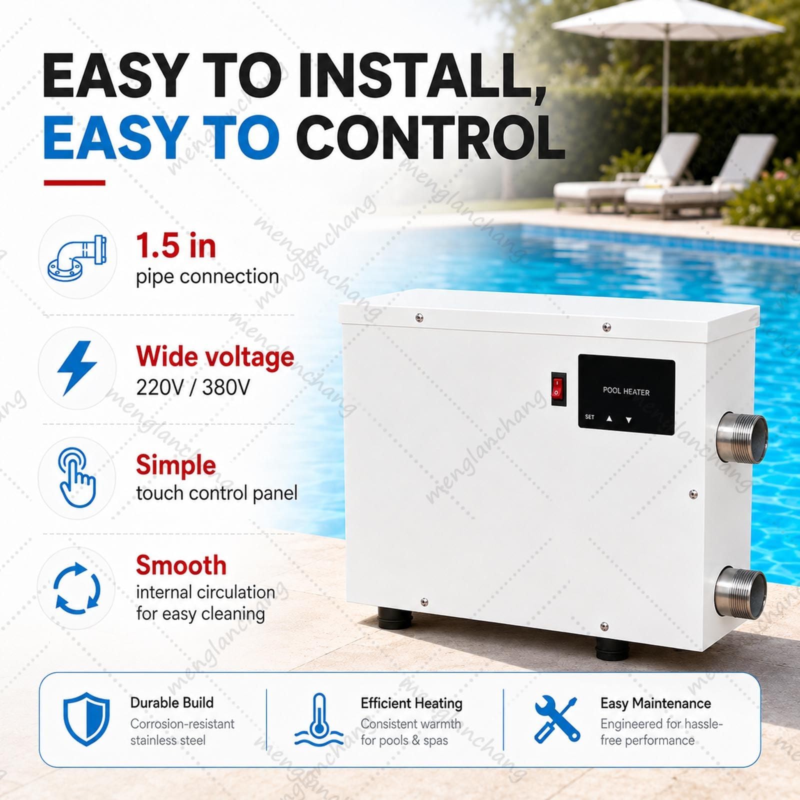 Riscaldatore elettrico per piscina da 5,5/9/11/15 kW con display digitale touch e termostato, riscaldamento automatico per piscina fuori terra, spa, vasca idromassaggio, 220 V/380 V