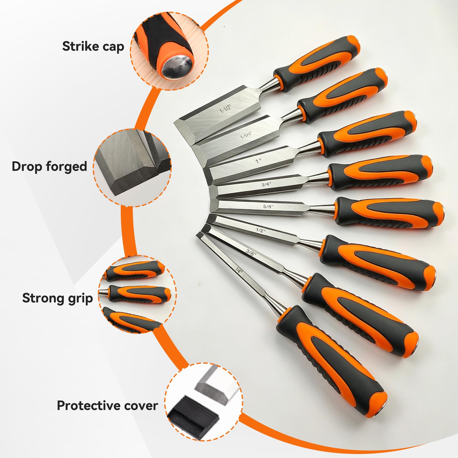 13 Stück Stechbeitel Set Für Holz Profi, 8 Stück Holzbearbeitungswerkzeuge 6-38mm Full Size Chisel Set mit Honing Guide, Schleifstein, Tischler Stifte und Tragetasche & Ergonomischer Griff Für Holzbea