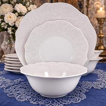 Tudor England 12-Piece Porcelain Dinnerware Set for 4,White Embossed