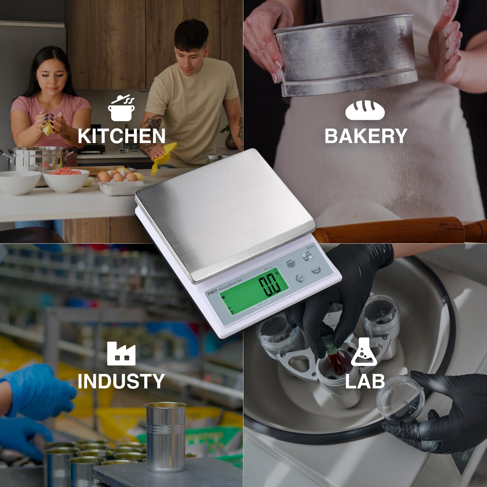 Polit Sun Lite - Báscula digital de cocina para alimentos, 3 kg, precisión de 1 g a 0,1 g, acero inoxidable impermeable con pantalla LCD, 5 unidades de peso (con adaptador de corriente)