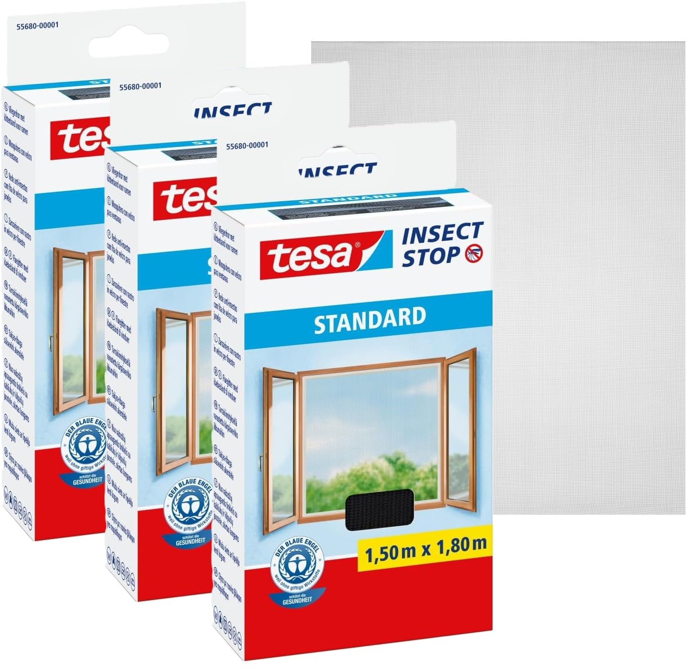 tesa Insect Stop Standard Fliegengitter für Fenster - Insektenschutz zuschneidbar - Mückenschutz ohne Bohren (3 Stück, Anthrazit (Durchsichtig), 1,5m:1,8m)