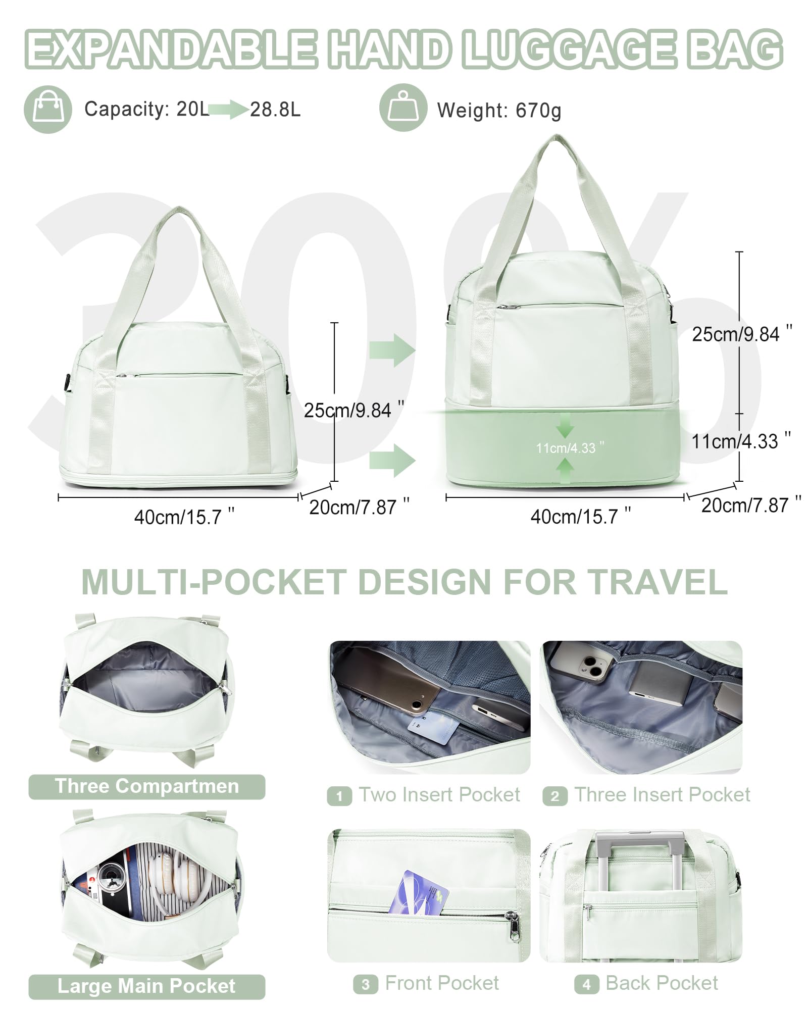 40x20x25 Ryanair Borsa da Viaggio Bagaglio a Mano Borsone da Viaggio Espandibile Borsa Palestra Borsone Palestra Valigia Borsa da Weekend Borsone Valigia Borsa a Mano,P5-Verde menta