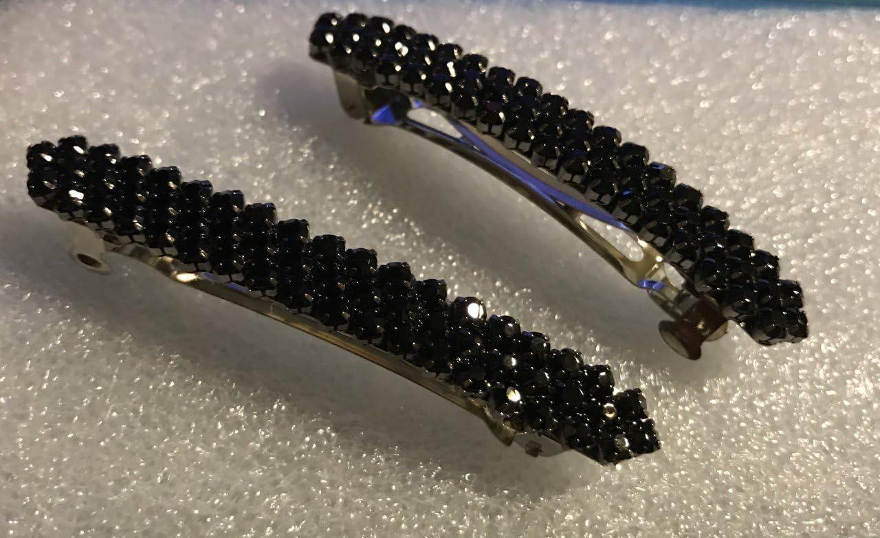 Jet Black Rhinestone Hair Barrette 2pc Small 2inch Clip