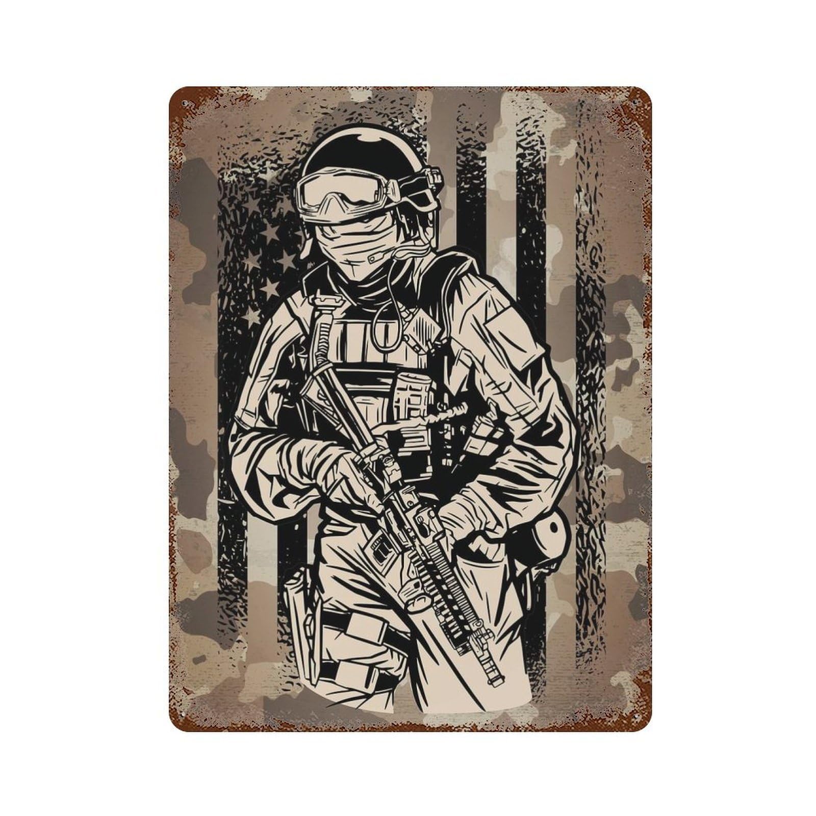 Garage Style USA Flag And Soldier Cammo Weathered Tin Sign 15.7"x11.8", Old School Wall Decor for Bar And Workshop