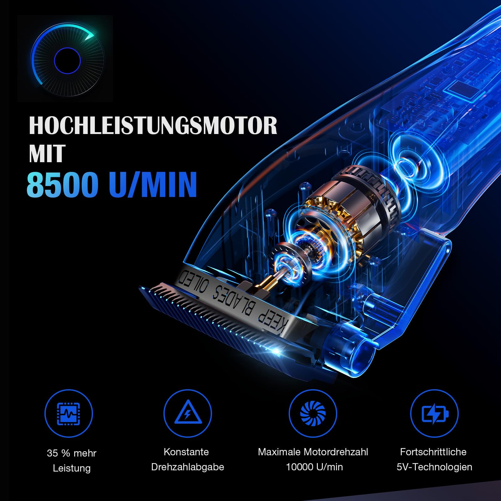 SUPRENT Haarschneidemaschine Herren Profi Titanbeschichtete Fade-Klinge Einstellbares Zero-Gap T-Blade 5 Längenstufen 2500mAh Akku Typ-C Ladestation