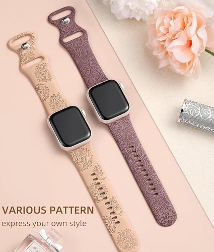 Vista 49 de Odbeai Correa deportiva de silicona suave con grabado floral compatible con Apple Watch de 1.496 pulgadas, 1.575 pulgadas, 1.614 pulgadas, 1.654
