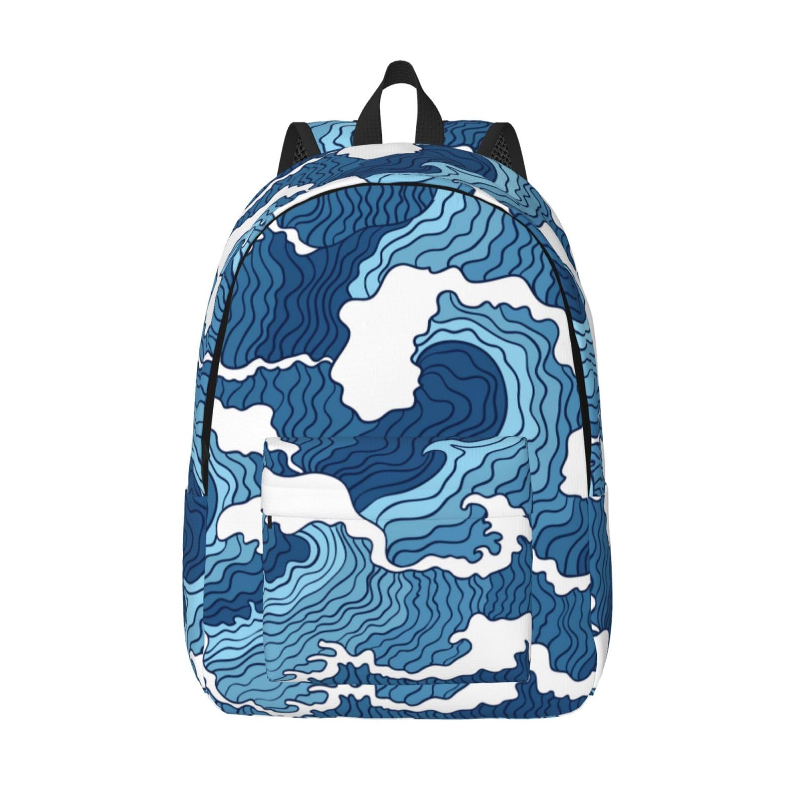 Blue And White Wave Backpack for Girls Boys Women Lightweight Canvas Bookbag Casual Daypack for Travel Outdoor Camping, 15 Inch