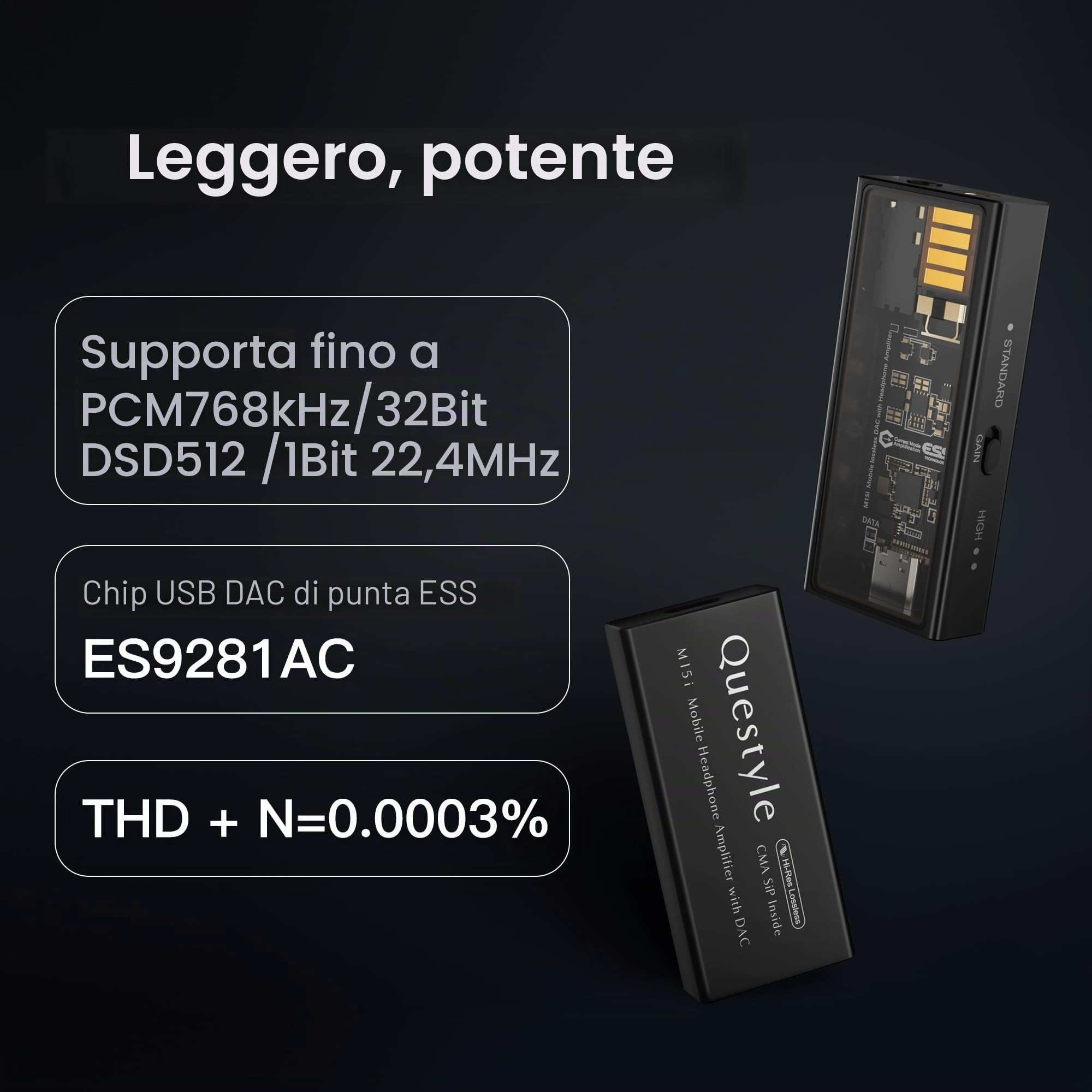 Questyle M15i Amplificatore per Cuffie Portatile DAC USB con Doppio Jack, Amplificatore per Cuffie Portatile - Certificato MFi, DAC ad Alta Risoluzione - Basso Rumore, per iOS/Android/PC