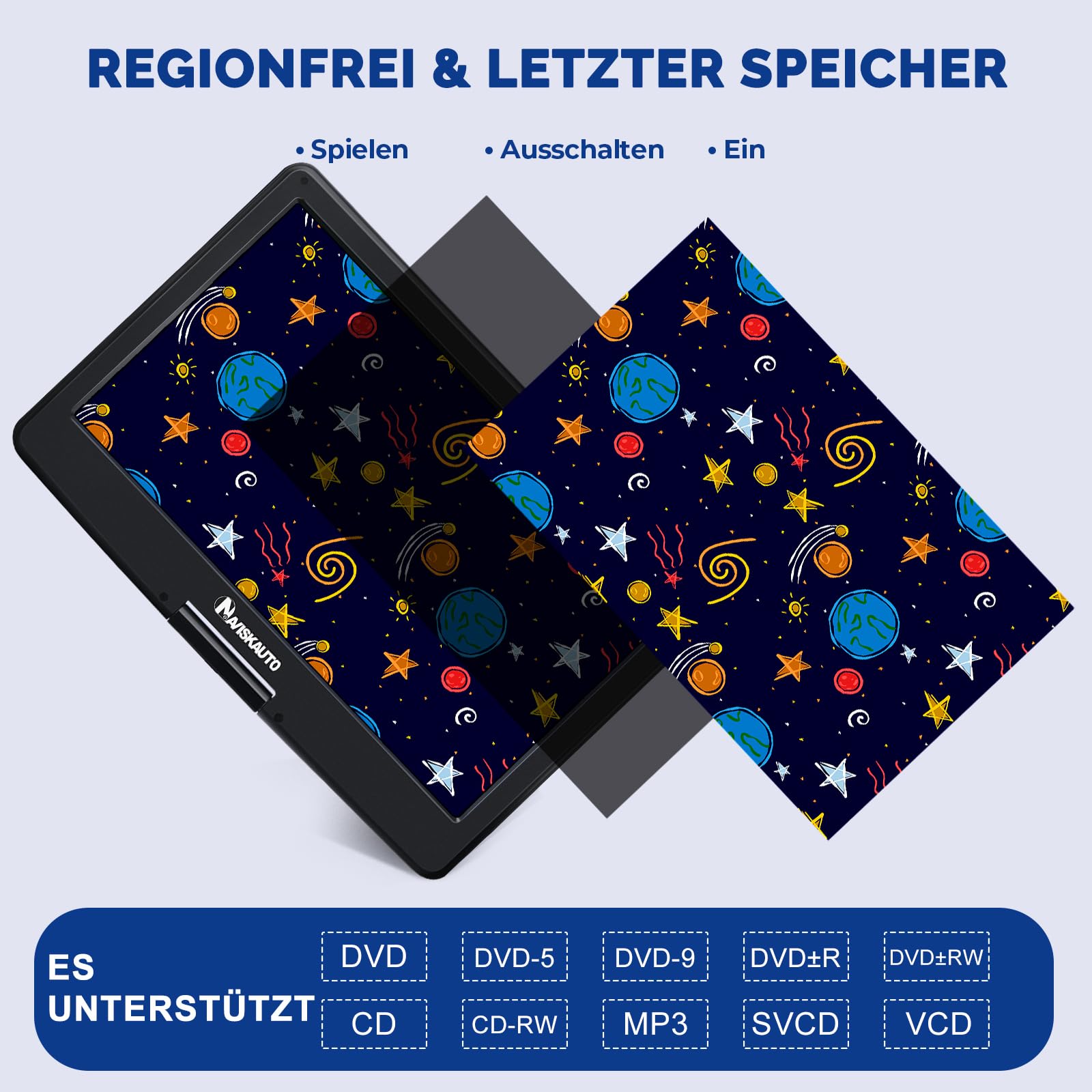 NAVISKAUTO 17,5'' Tragbarer DVD Player Auto Mit 15,6 Zoll HD Bildschirm, HDMI Eingang, 6 Stunden Akku, Mobiler DVD-Player Für Kinder Unterstützt USB, SD Karte, Sync TV/Projektor