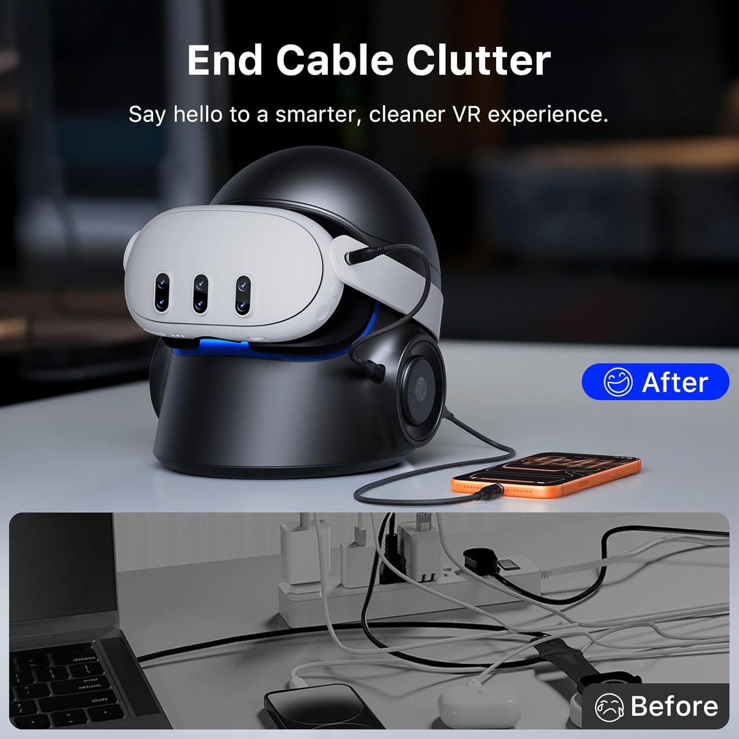 Aubika 3 in 1 VR Charging Station -Hidden Storage & RGB Light,Desktop Organizer​,Wide Compatibility for Meta Quest 3/3S/Pro/2, Meta Quest Accessories,Black