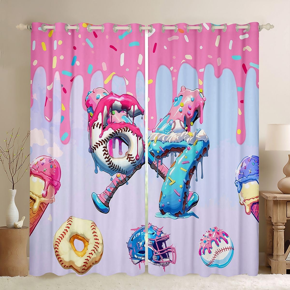Feelyou Baseball Ice Cream Curtains for Bedroom Living Room Six Seven Blackout Shades Ice Cream Drip Room Darkening Curtain Window Treatments, 2 Panels 38 x 54 Inch Decor