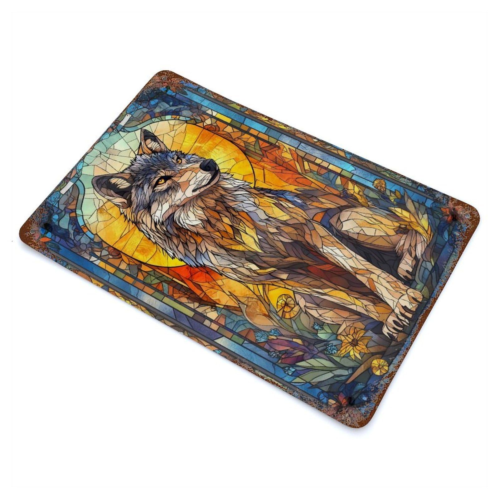 Wolf Vintage Wall Sign 11.8"x7.9", Rust Effect Metal Decor for Farmhouse, Kitchen And Entryway Decor