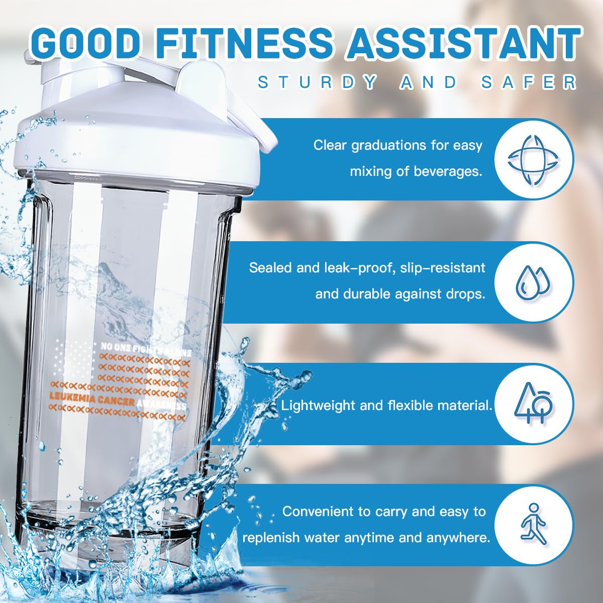 America Flag Fight Leukemia Cancer Awareness 18 Ounce Shaker Bottle Drink Mixer Leak-proof Pre Workout Protein Shakes Meal Replacement Shakes Bottles 500ML/18 Oz White&-1&-1&-1-1
