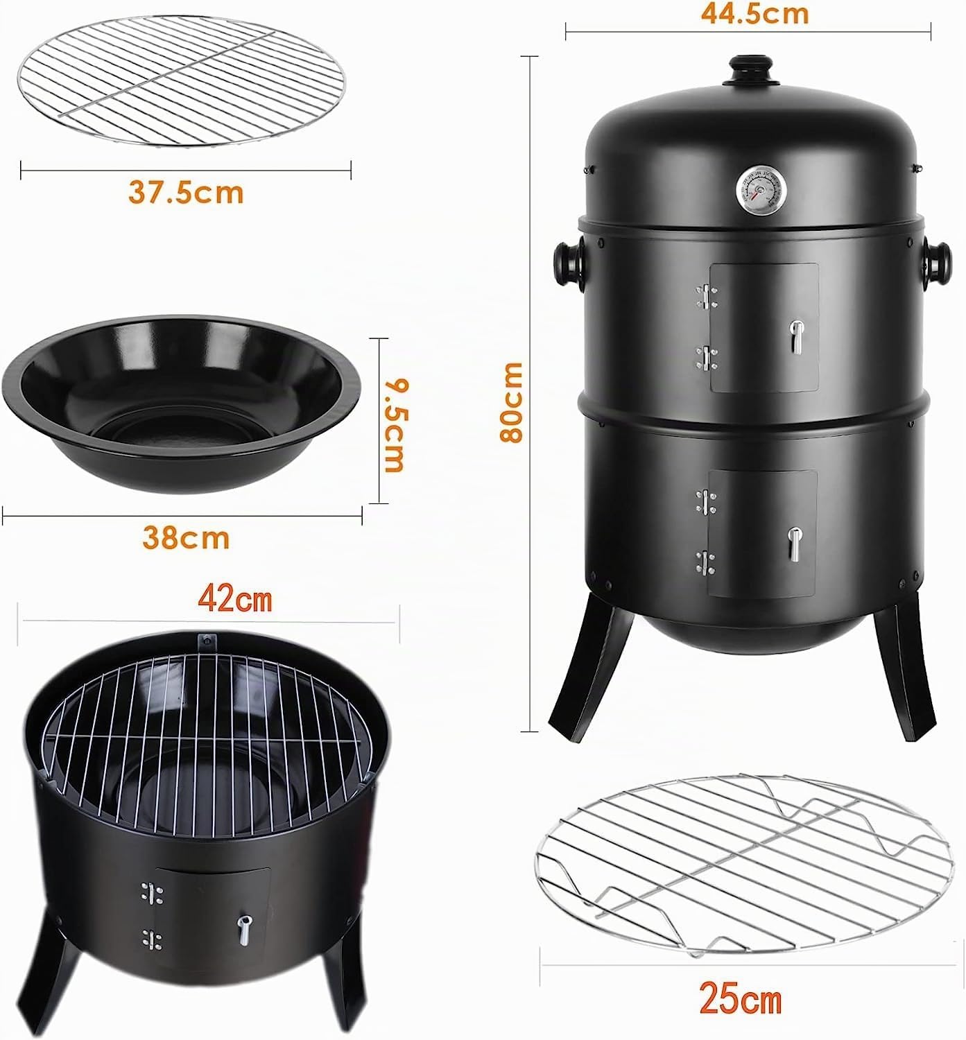 Barbacoa Ahumador, Barril y Horno Para Ahumar, 3 en 1 Barbacoa Smoker, Parrilla con Termómetro Integrado y Enganchados, Para Ahumar, Asar a la Parrilla y Cocinar