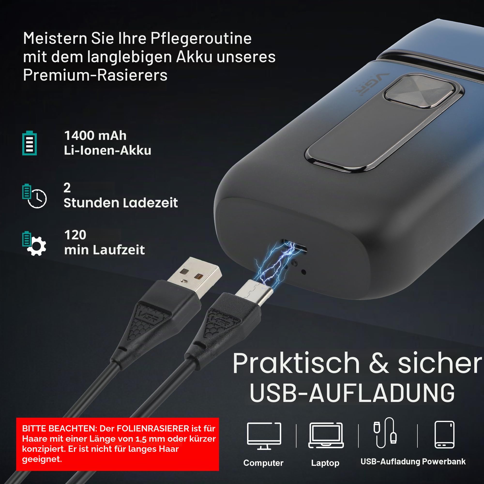 VGR Elektrischer Folienrasierer für Herren, 7500 U/min, Pop-Up-Trimmer, USB-C-wiederaufladbarer 120-min-Akku, für Gesicht, Haare, Bart, Hals, Glatze, Haut, verblassend
