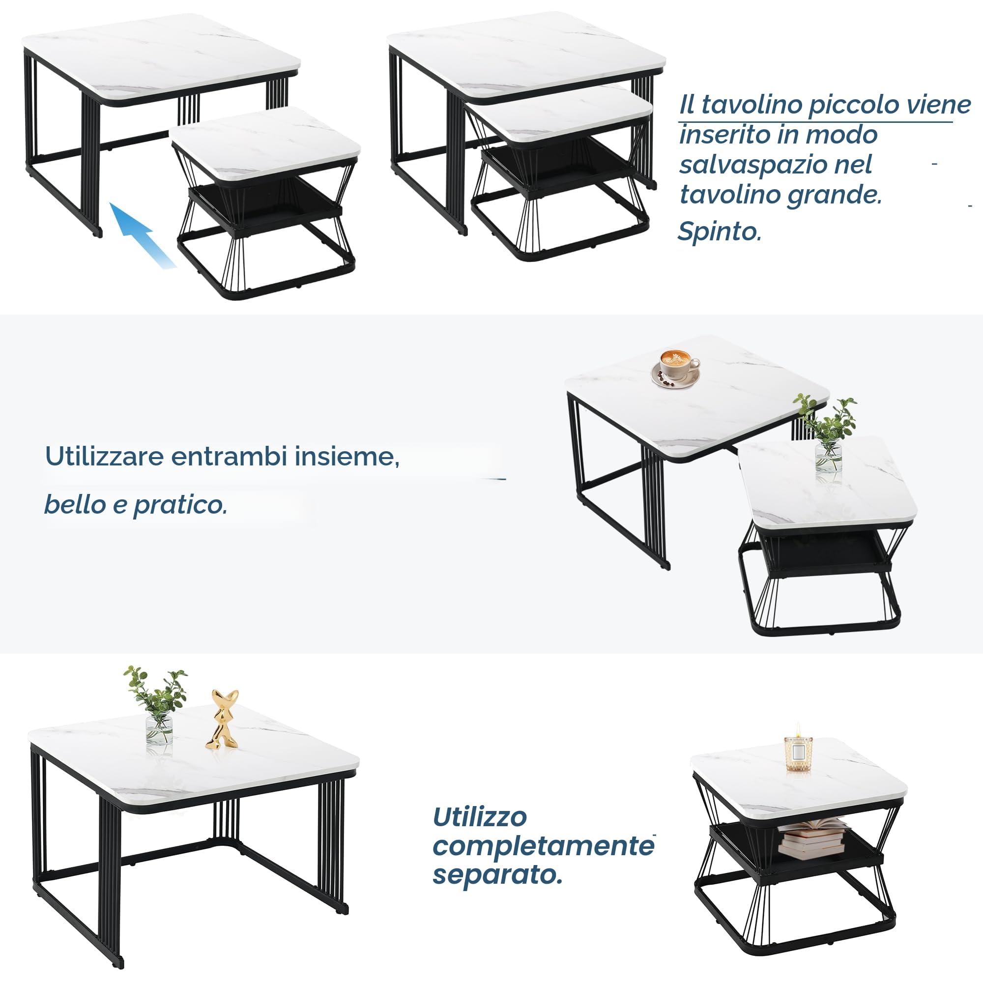 Merax Set di 2 Tavolini da Salotto, Alta lucentezza, per Soggiorno, Balcone e Ufficio, Struttura in Metallo, Bianco e Nero
