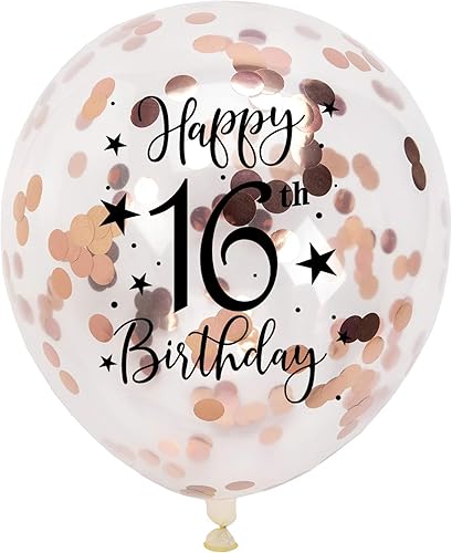 Globos de látex de confeti de oro rosa con el número 16, decoración de globos de fiesta de cumpleaños de 16 años con confeti, 12 pulgadas, paquete