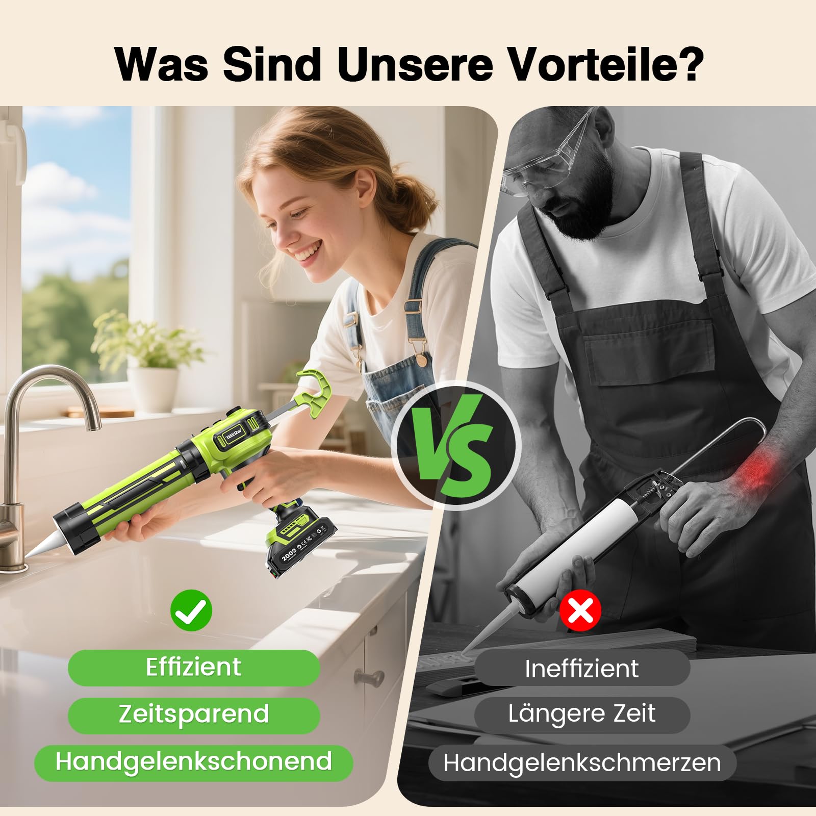 Taskstar Kartuschenpresse Akku mit 2 Akkus und LED-Licht, Akku Silikonpistole Kompatibel mit Makita 18V Akkus für 300ml-Kartuschen zum Verstemmen und Abdichten(Grün) | 2026 Kartuschenpresse Akku mit 2 Akkus und Bürstenloser Motor