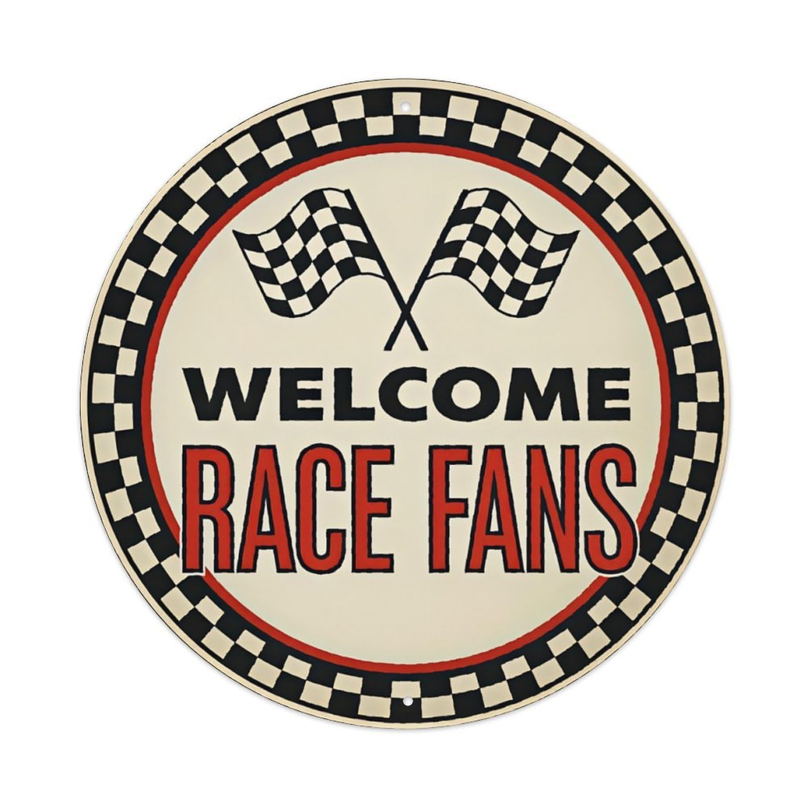 Checkered Racing Flag Welcome Race Fans Vintage Round Sign Vintage Aluminium Metal Sign, Retro Wall Decor for Home, Bar, Garage & Farmhouse 20x20cm