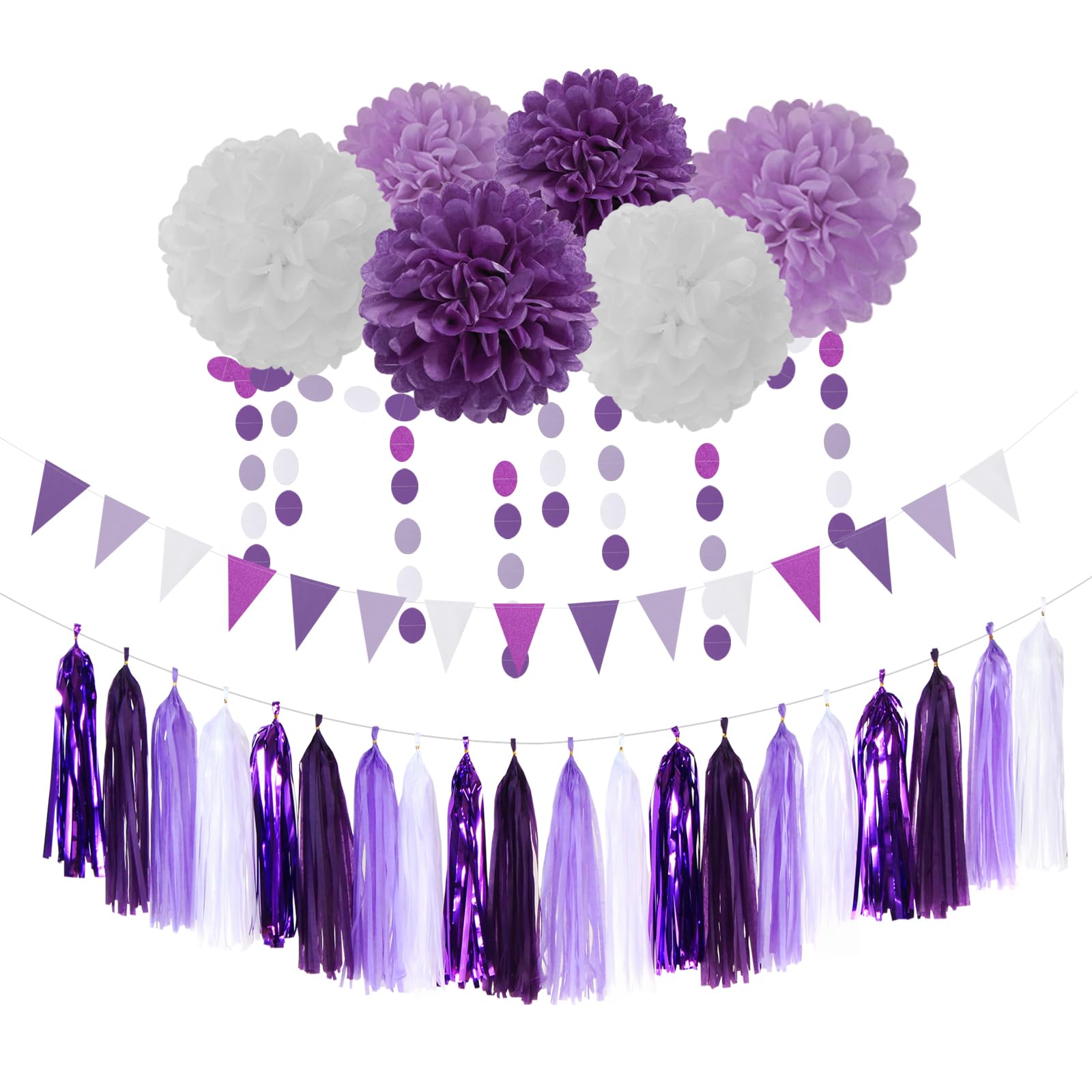 Ouruola Women's White Purple Lavendar Glitter Purple White Lavender Party-Decorations Streamers - 28Pcs Tissue Pom Poms, Girl Birthday Supplies Tassel Garland Banner,Baby Bridal Shower Wedding Engagement Bachelorette Graduation Decor Lasting