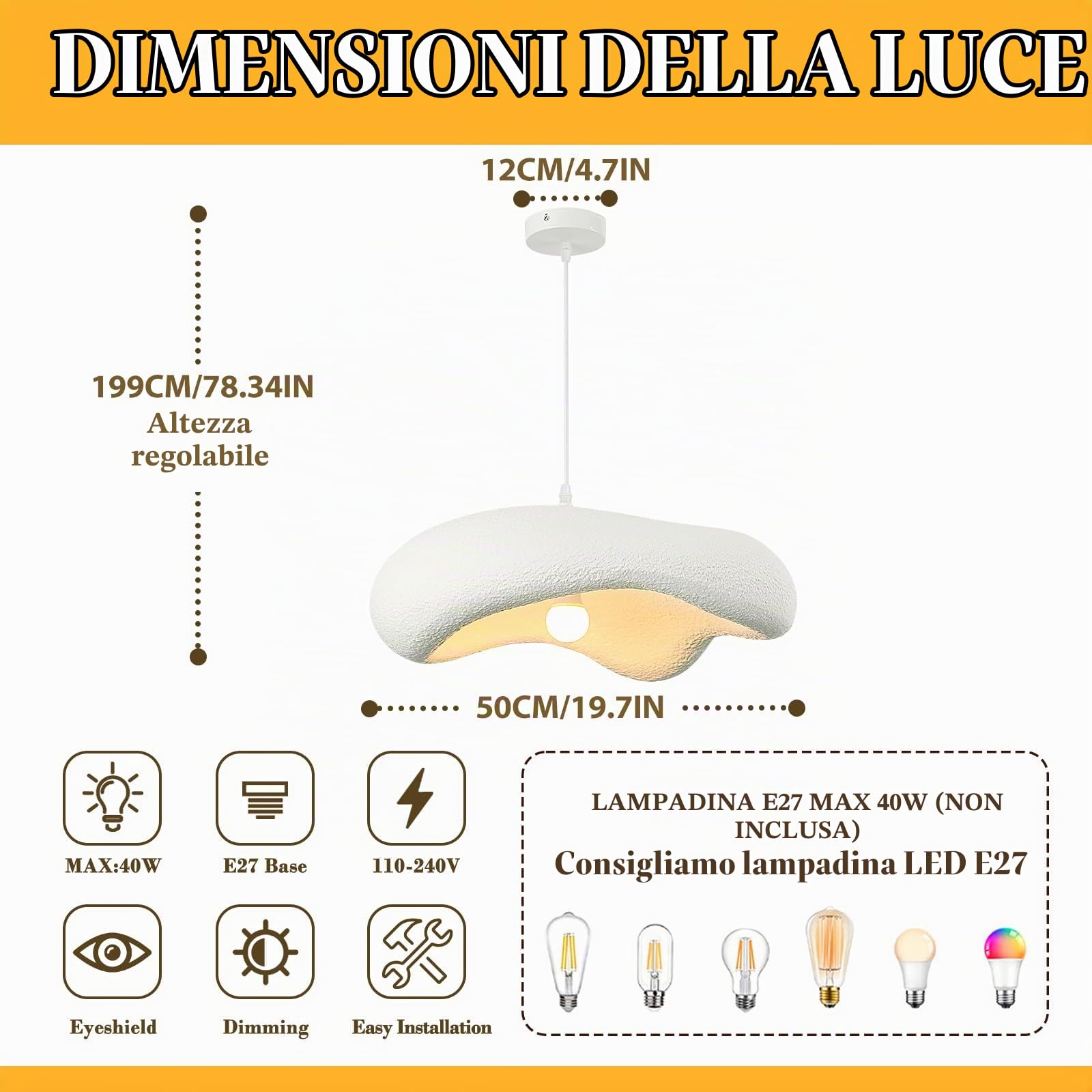 Lampadario A Sospensione Wabi-Sabi,Moderno Lampadario Camera Da Letto Paralume Bianco,Nordico Lampada A Sospensione Come Nuvole Irregolari,Lampadari Soggiorno,Cucina,Corridoio,E27 50CM