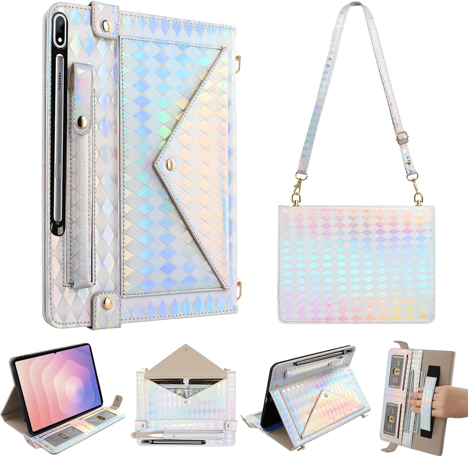 Tablet Carrying Shoulder Bag Case for Samsung Galaxy Tab S10 Lite/ S10 FE/S9 FE/S9/S8/S7, Iridescent Diamond Texture Envelope PU Leather Hand Strap Cards Holder Pocket S Pen Holder Case,Silver