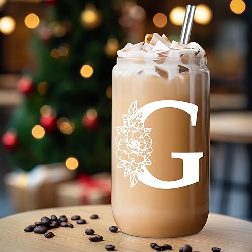 Miniatura 28 de Coolife Vaso de vidrio con inicial, regalos con monograma para mujer, tazas de vidrio de 16 onzas con tapas y pajitas, vaso de cerveza para batido