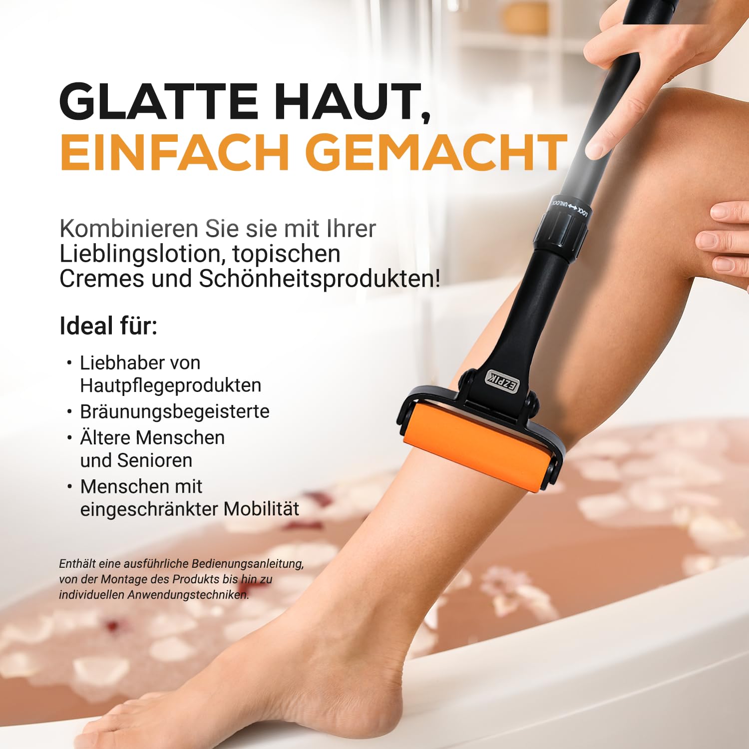 EZPIK Eincremehilfe für Rücken, ausziehbar bis zu 58 cm, gebogener Rückencremer für ältere Menschen und Senioren mit eingeschränkter Mobilität