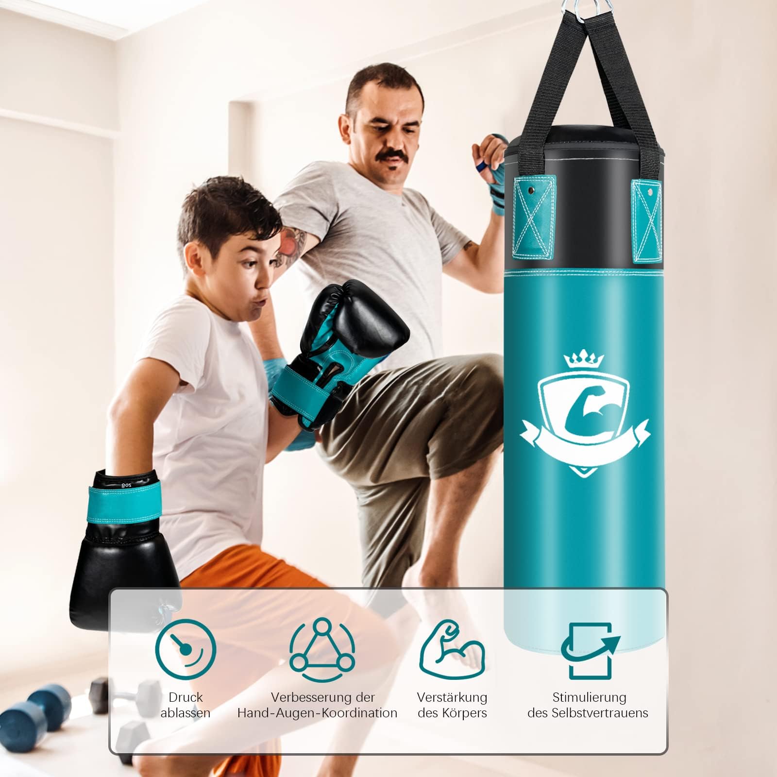 COSTWAY Kinder Boxsack Set mit 8oz Boxhandschuhen & Handschlaufen & Tasche, Punchingsack für Karate, Kickboxen, Taekwondo