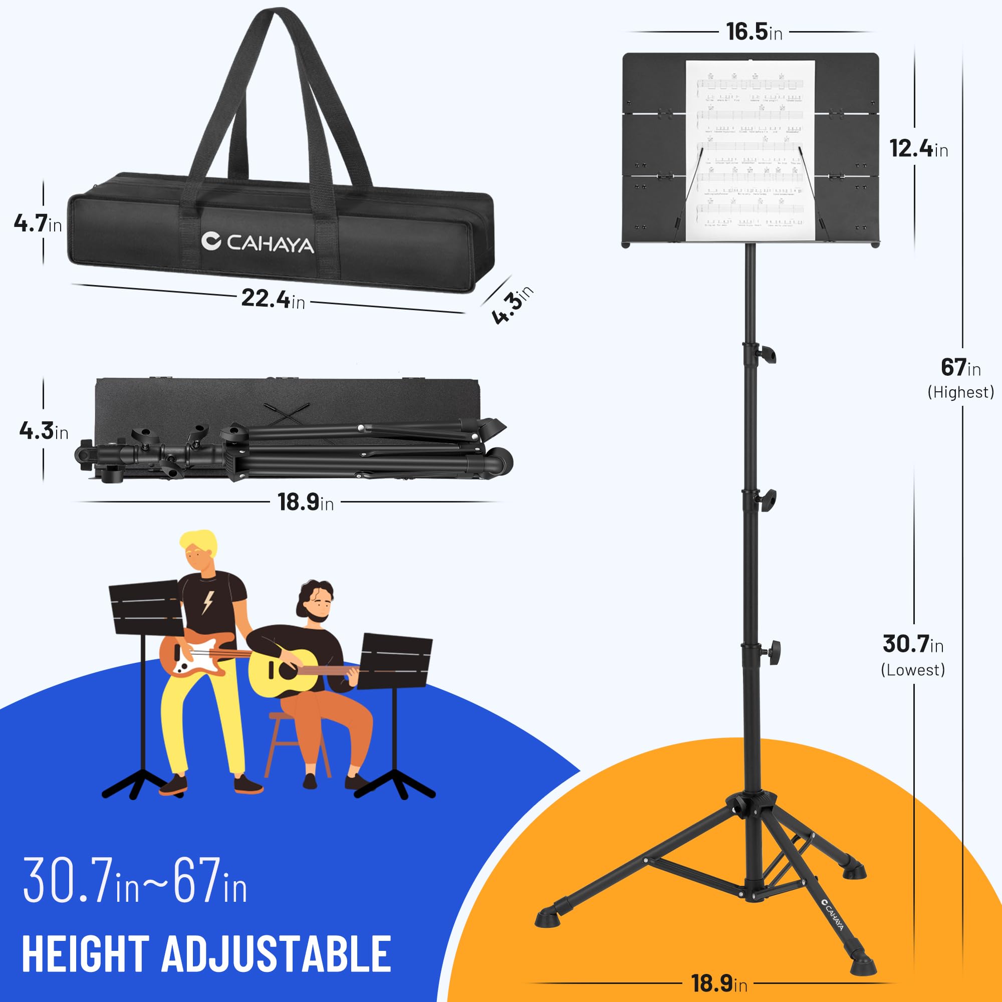 CAHAYA Soporte plegable para partituras: soportes de música con panel de triple pliegue de altura ajustable a 67 pulgadas, material de metal, portátil, resistente, para libros de música, portátiles,