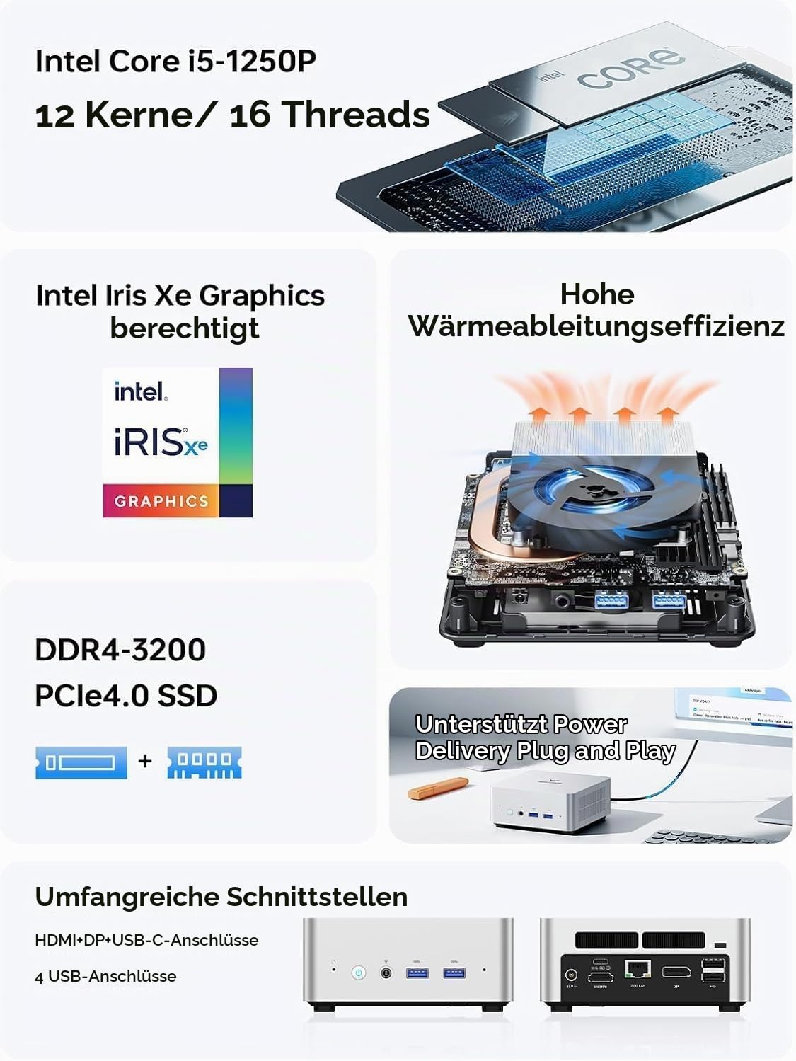 MINIS FORUM UN1245 Mini PC, Intel Core i5-12450H Prozessor (8C/12T, 12M Cache bis 4.40 GHz) Mit Intel UHD Graphics, 16GB DDR4+512GB M.2 SSD, Triple Display HDMI/DP/USB-C, Wifi6e & BT5.2, 2.5G RJ45LAN