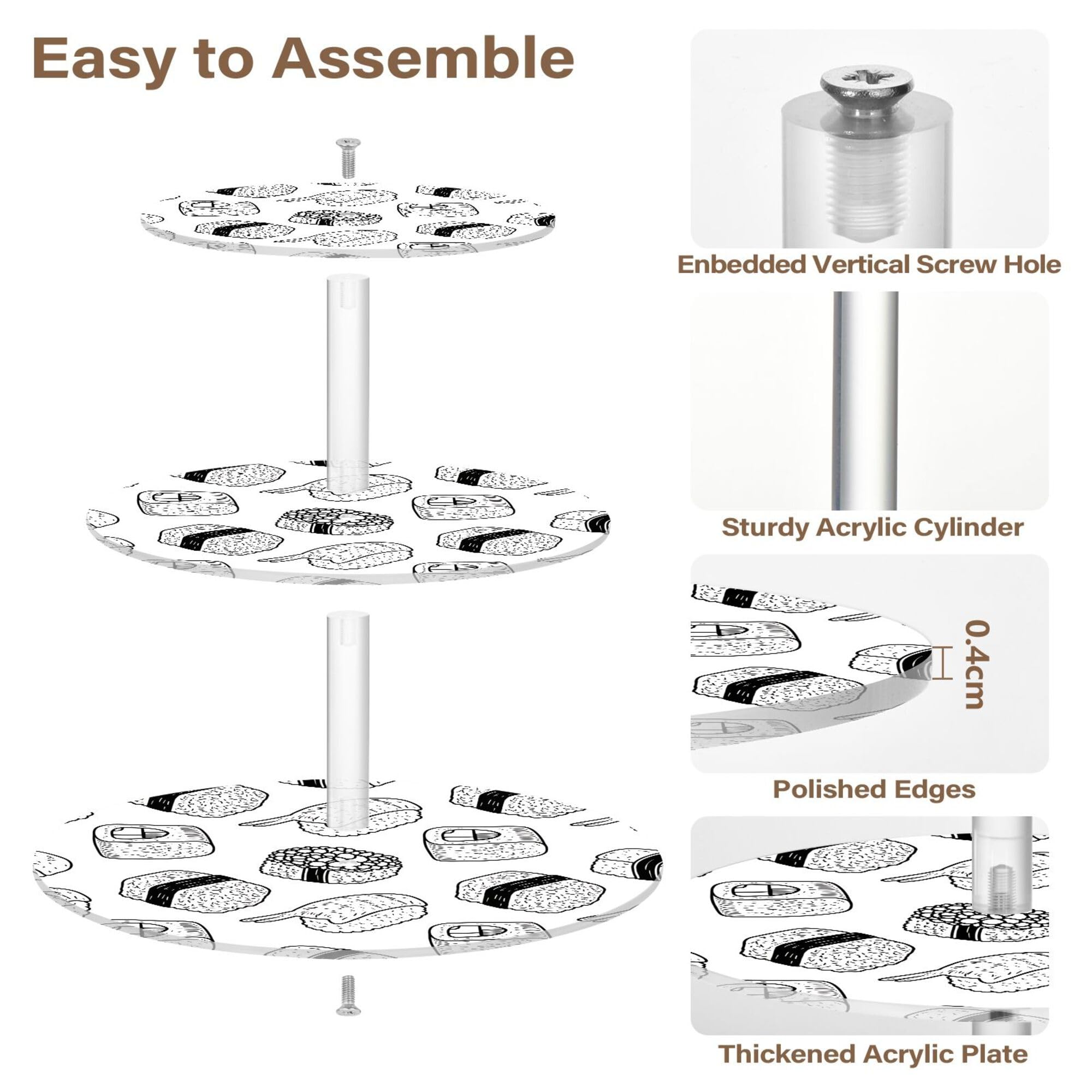 PYBUG Sushi Pattern 3 Tier Acrylic Cupcake Stands Tower,Dessert Table Display Set for Tea Party,Wedding,Birthday, Baby Shower