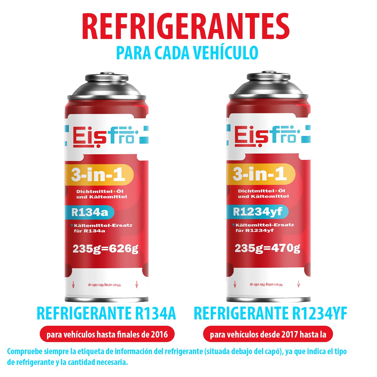3 en 1 – Gas refrigerante R134a de sustitución para Aire Acondicionado de Coche con Aceite y sellador de Fugas – Lote de 3 Botellas de 235 g – Aire Acondicionado para autocaravanas – Eco