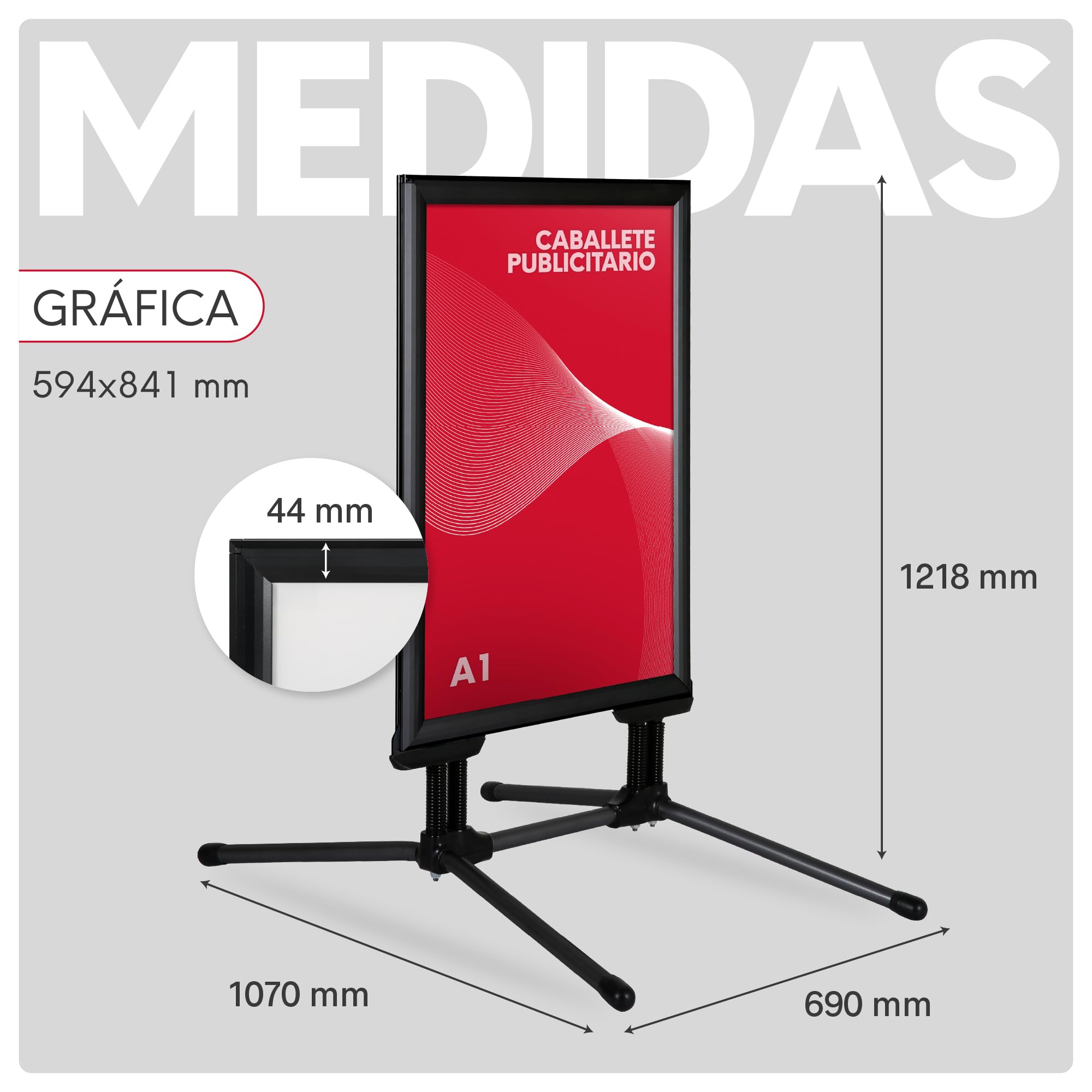 Expositor Publicitario Exterior con Patas | Marco de Aluminio de 44mm | Soporte Doble Cara | Expositor Publicitario Antideslumbrante para Anuncios en Exterior | A1, Negro