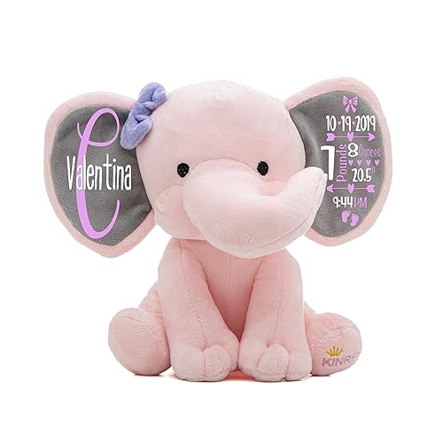 Personalized Elephant Stuffed Animal - Custom Birth Stats Announcement Stuff Elephants Animals for Babies, Baby Shower, Boy, Girl, Newborn,
