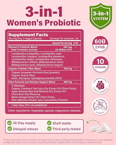 Miniatura 2 de Probióticos y prebióticos orgánicos para mujeres, equilibrio y digestión del pH - 60 mil millones de UFC probióticos vaginales con arándano