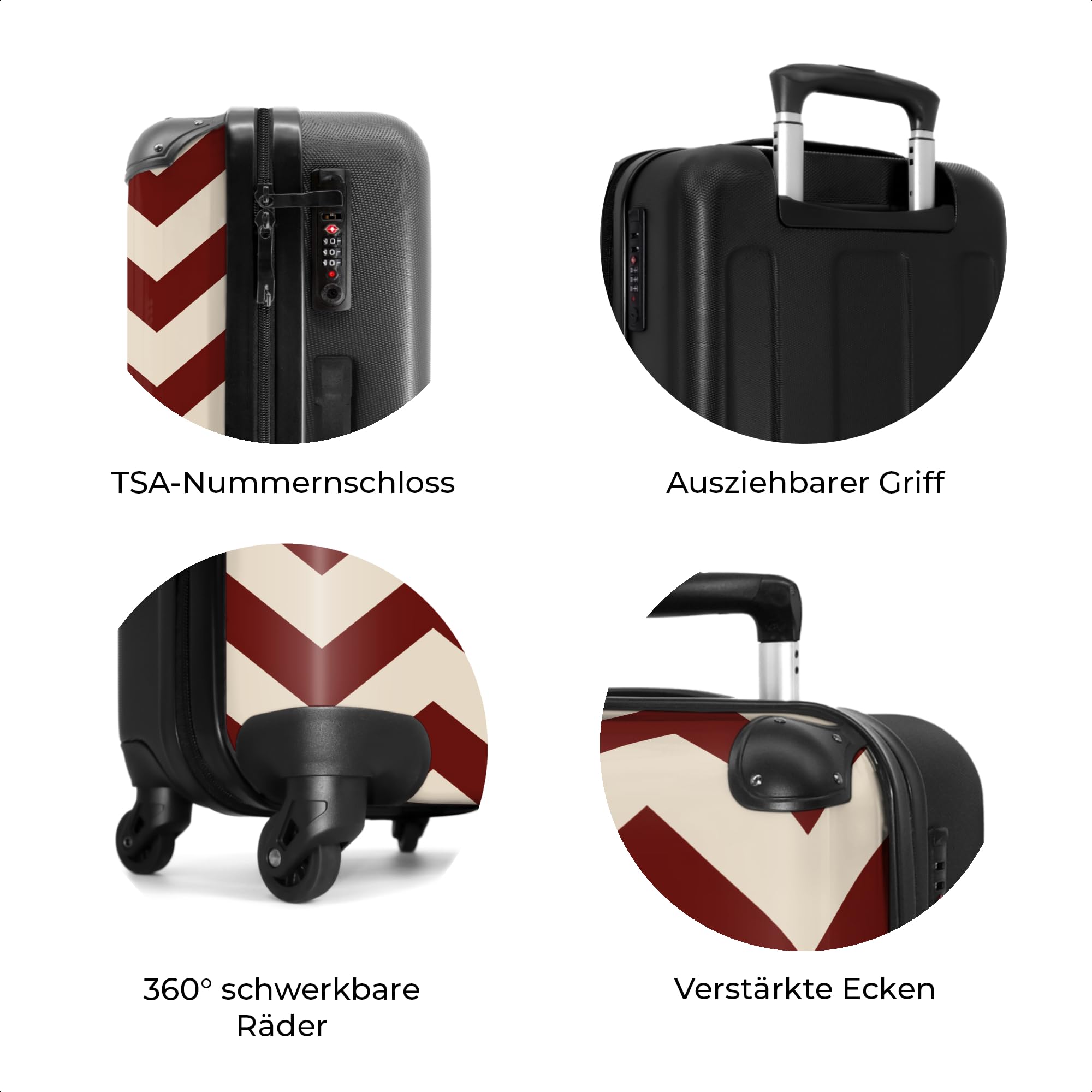 NoBoringSuitcases.com® Koffer Mittelgroß 67x43x25 cm Hartschalenkoffer Trolley Rollkoffer 4 Rollen Leicht Hartschale Größe M Muster - Zickzack - Rot - Beige