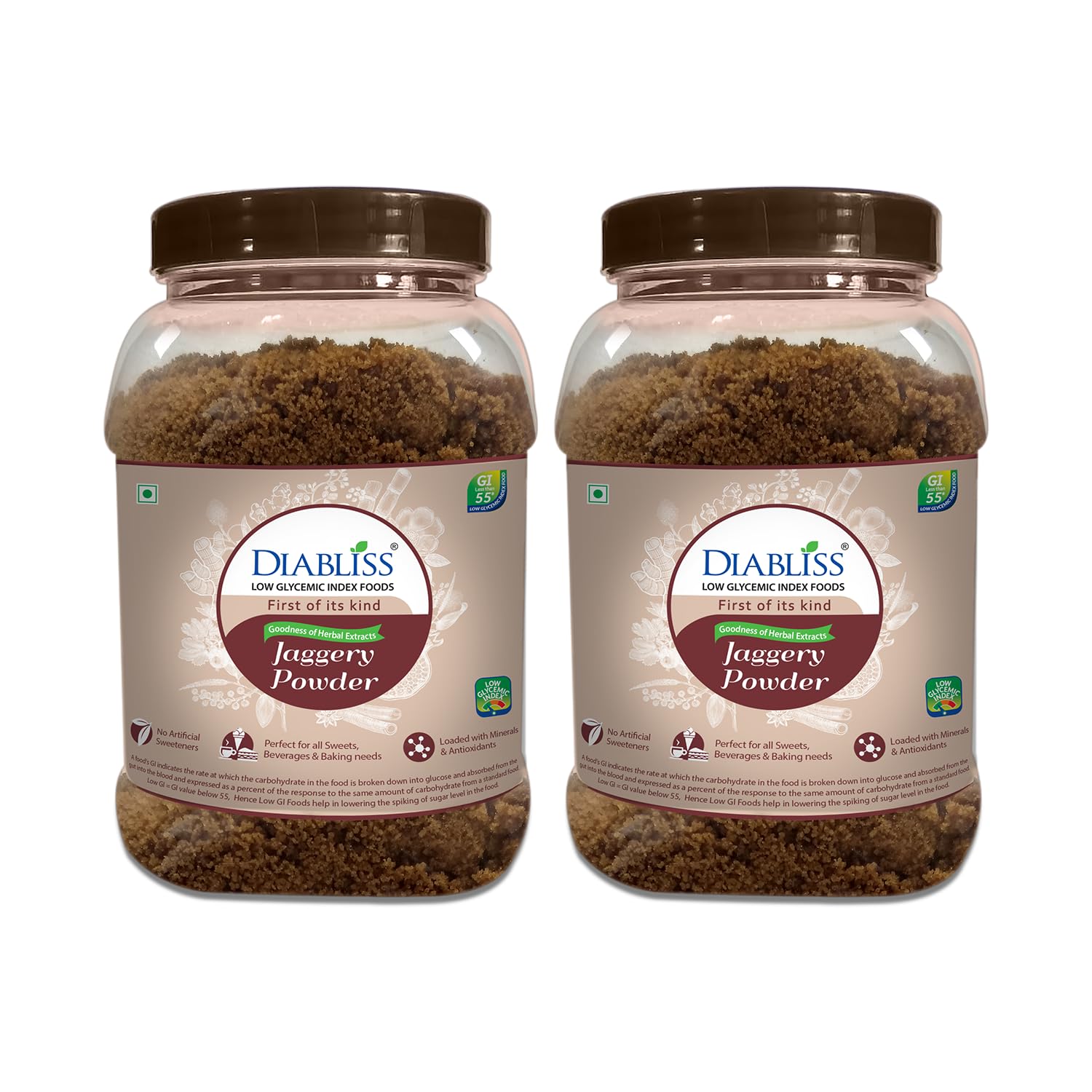 Diabliss Herbal Jaggery Powder – Low GI, Natural & Chemical-Free Sweetener | 17-Herb Fortified | Hygienically Processed & Trusted Worldwide | 750g Reusable Jar - Pack of 2