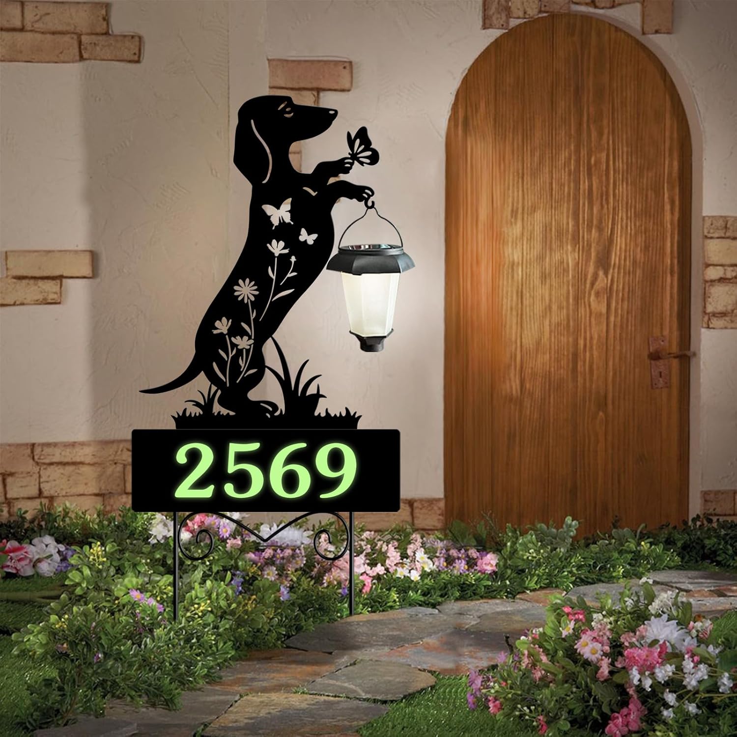Address Signs for Houses,YY Gardenia Solar Lantern Garden Stake with Glow in the Dark House Numbers-Waterproof Outdoor Yard Sign with Solar Power-Elegant Garden Decor