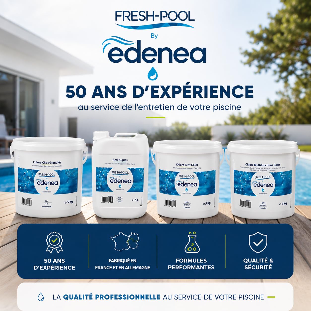Fresh-Pool - Chlore Lent Piscine Galets 200g - Traitement Permanent - 5kg | Dissolution progressive longue durée, stabilisé contre la dégradation par les UV