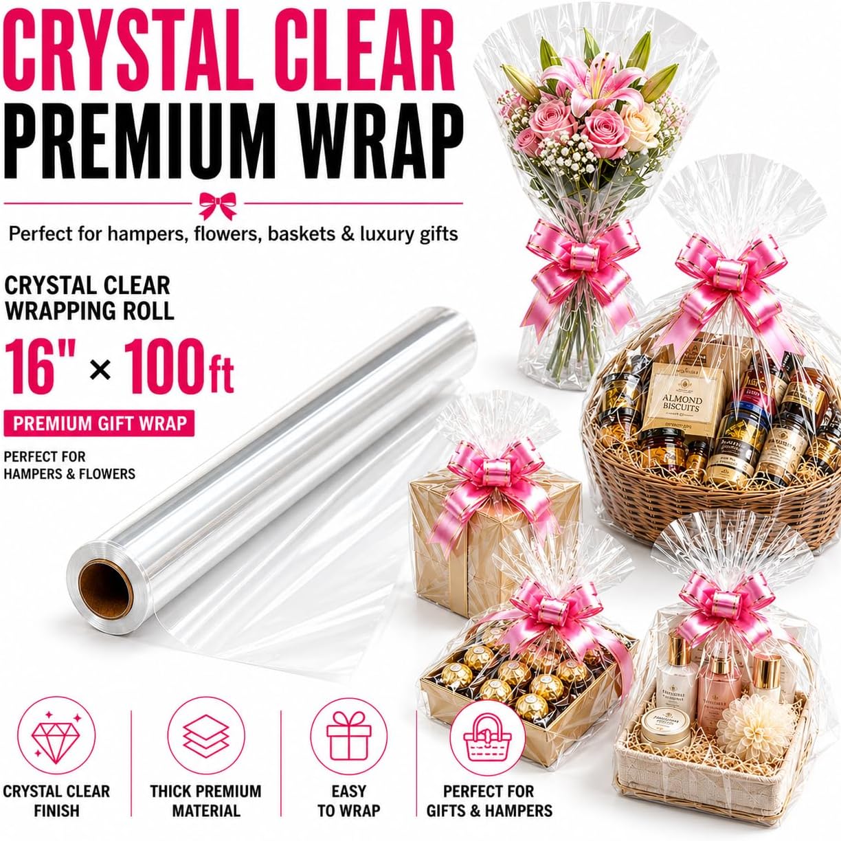 HURUC Clear Cellophane Wrap for Hampers 40cmx30m with Large 10 Pull Bows 2 Ribbons & 5 Gift Tags, Florist Cellophane Wrap Rolls to pack Gifts Chocolates Flowers for Birthday, Anniversary, Wedding