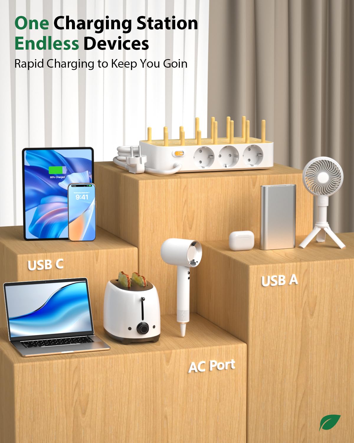 Stazione di Ricarica Bamboo da 60W per Più Dispositivi Con 3 Prese CA, 3 USB-C, 3 USB-A, Cavo di Alimentazione da 2m per IPhone, IPad, Tablet (6 Cavi Misti), Bianco