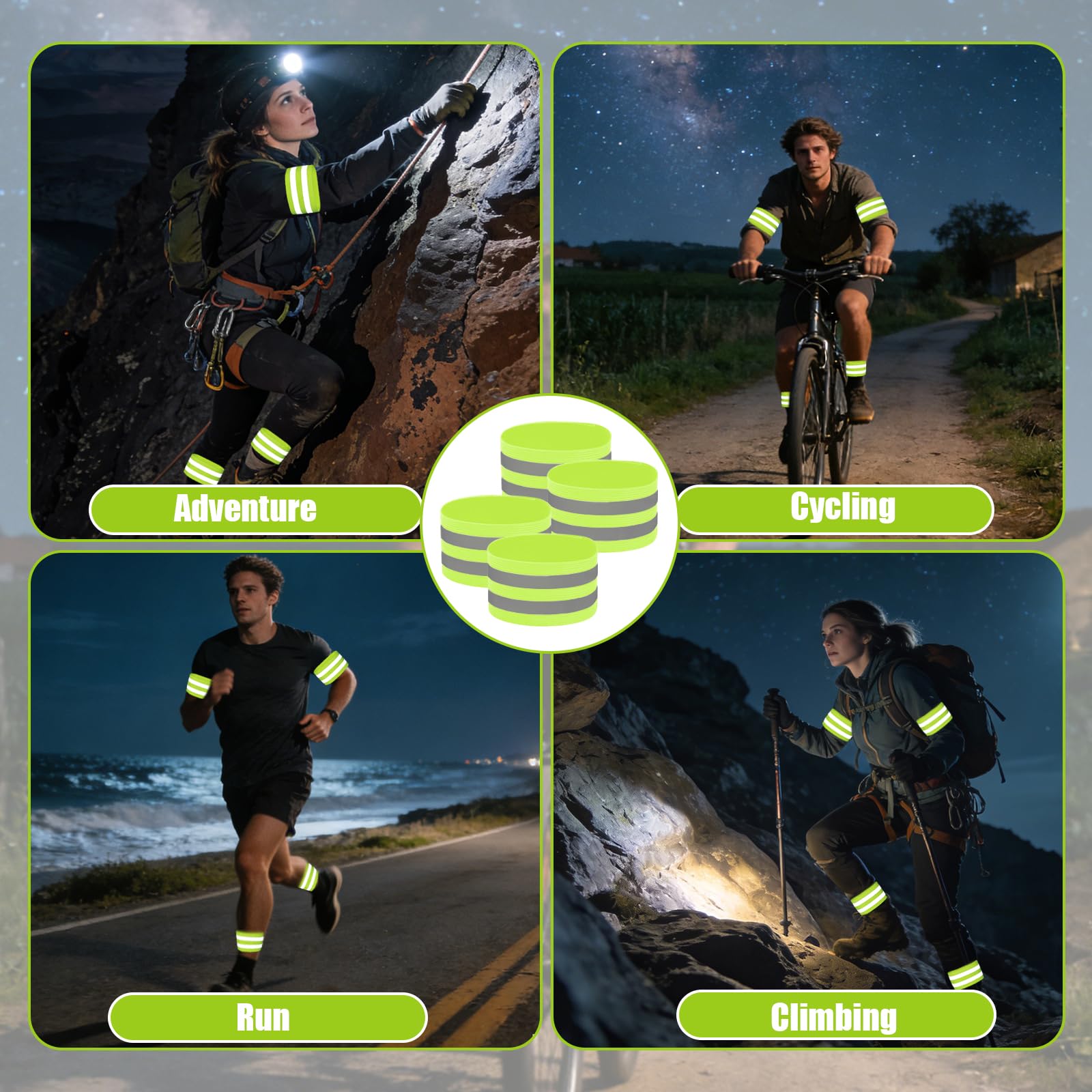 Bracciale Riflettente Elastico 4 Pezzi, Catarifrangenti Alta Visibilità con Chiusura a Strappo per Running Bici