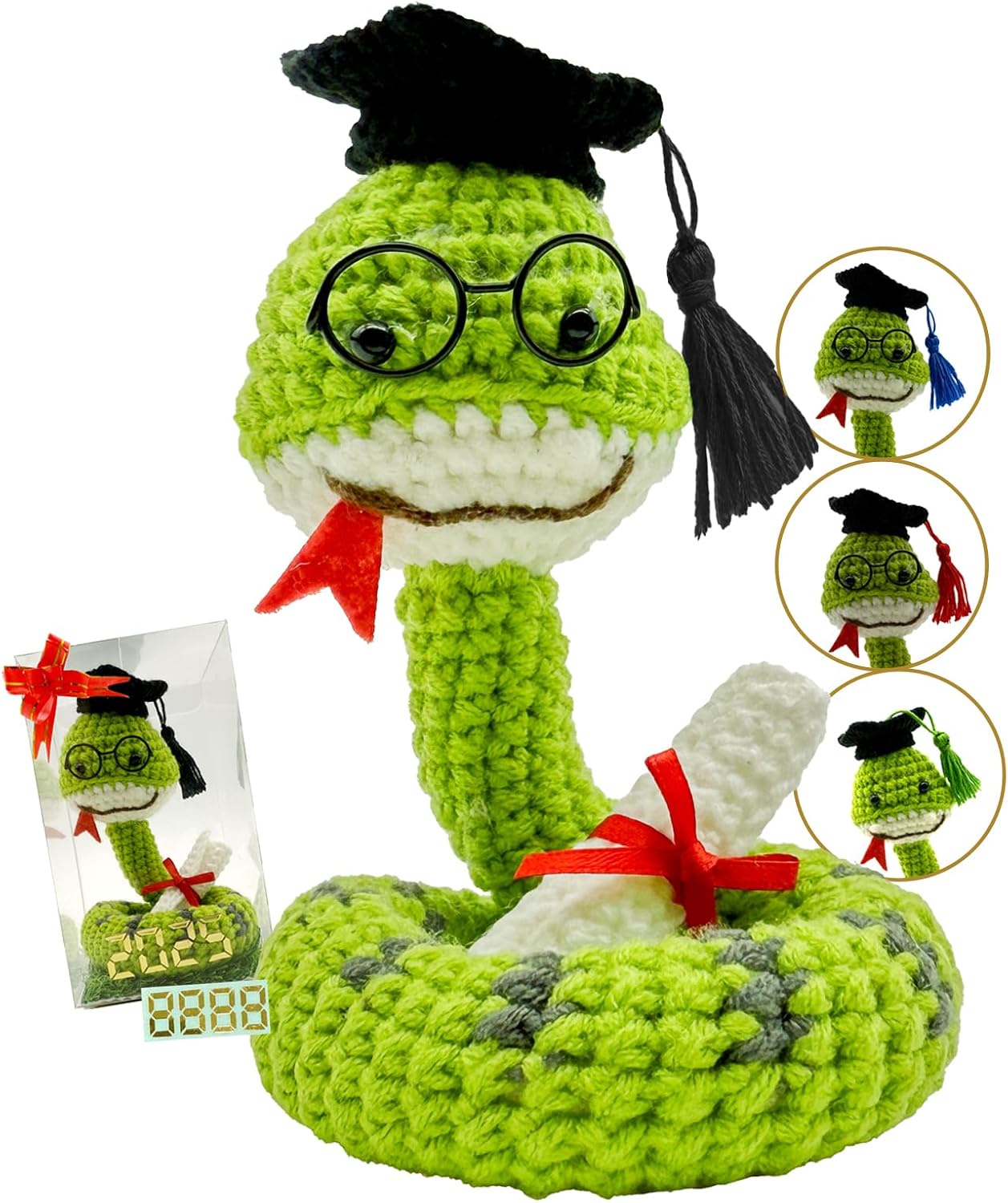 Handmade Positive Emotional Support Graduation Crochet Snake Shape Decoration with Blank Card, Custom Messages, Animals Doll Gift for Friend Schoolmate Brother Sister School Graduate
