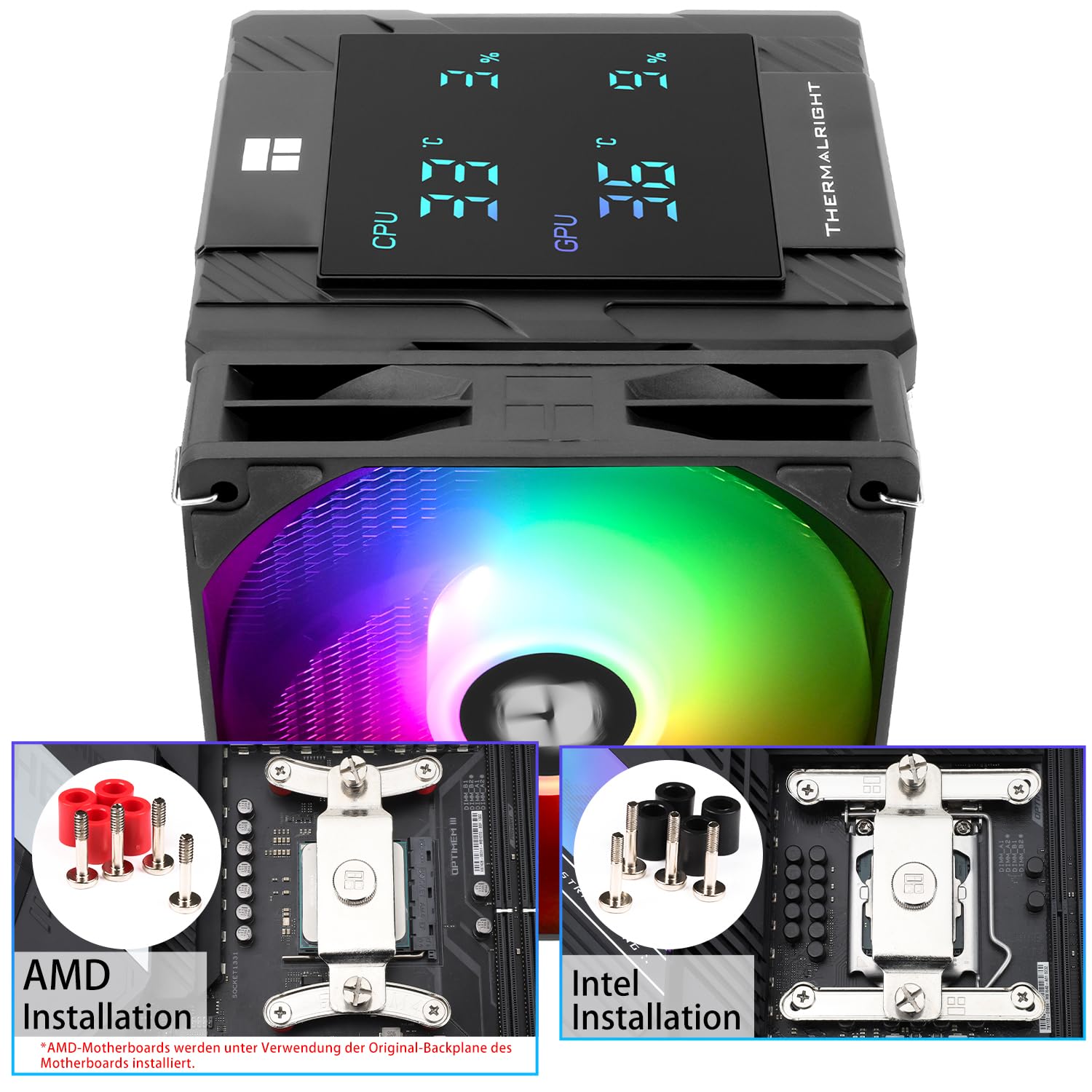 TR-Thermalright Peerless Assassin 120 Digital ARGB Negro Enfriador de CPU de Doble Torre con 6 Heatpipes, Placa de Visualización Digital Cubierta Superior, para AM5/AM4/lga1851/1700