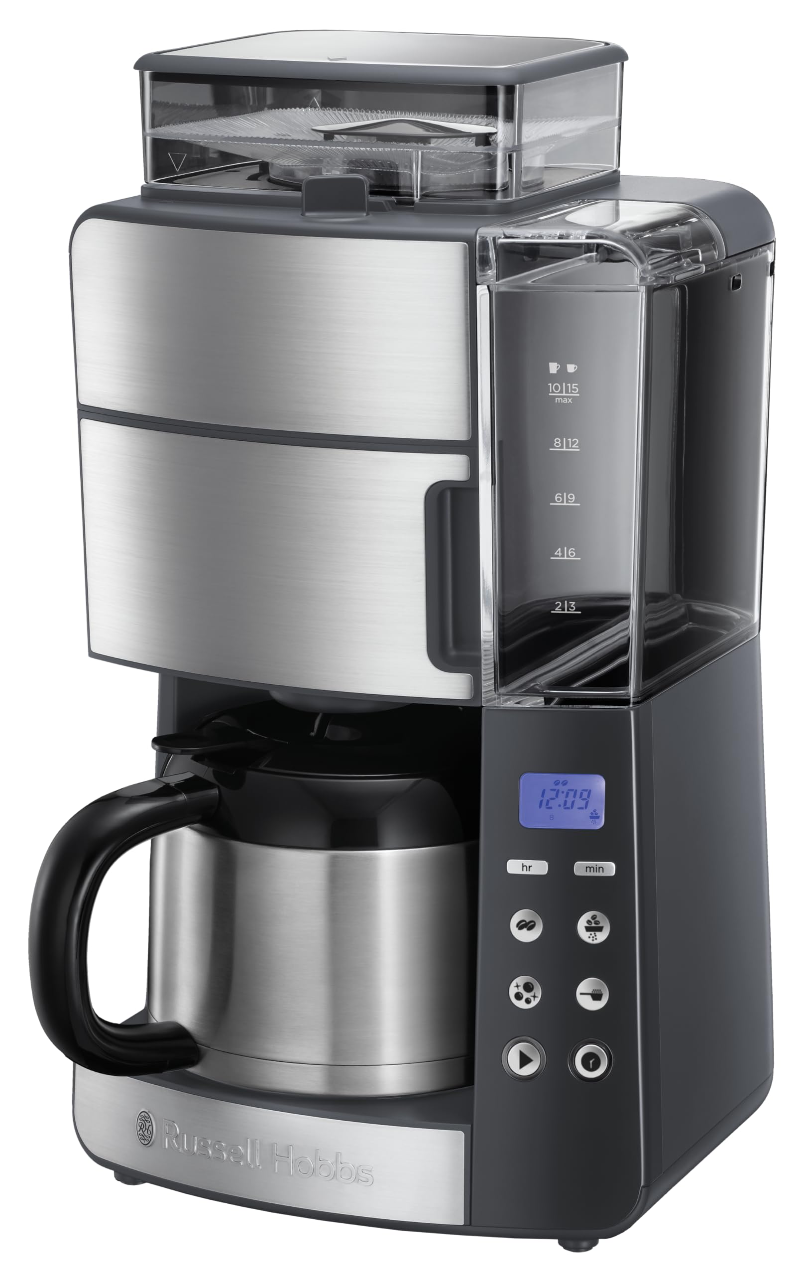 Russell Hobbs Macchina Caffè Americano con Macinacaffé Integrato - Timer digitale, Filtro per Estrazione e Aroma ottimali - Caraffa Termica; Max 10 tazze, 3 livelli di Macinatura, Grind&Brew 25620-56