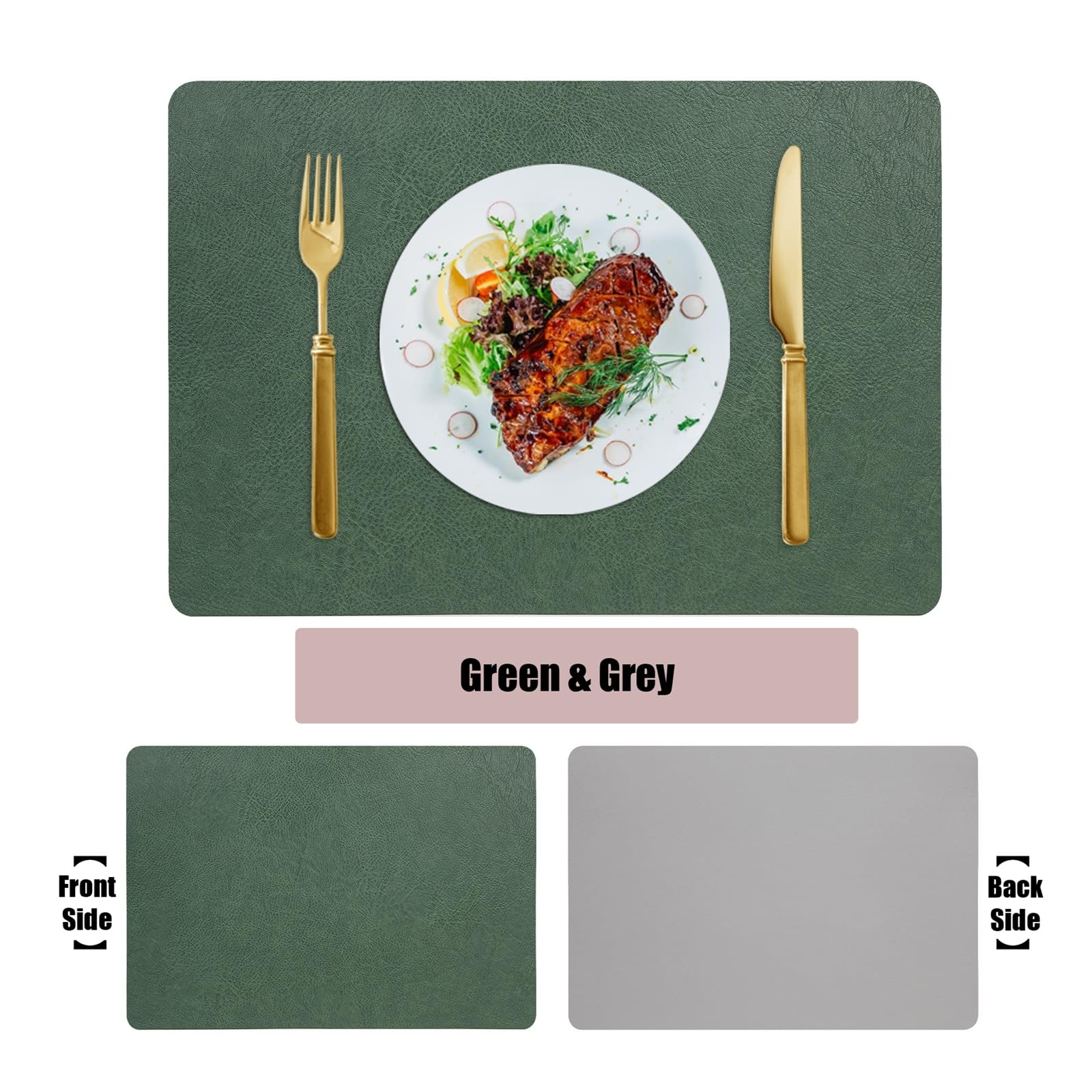 Epinki 6er Set Tischset Weihnachten Natur Quadratisch 30x43CM, PVC Leder Platzmatten Modern Umkehrbar Einfarbig Rindsleder Textur, Tischuntersetzer Waschbar Grün Grau für Speisetisch Platz-Matten