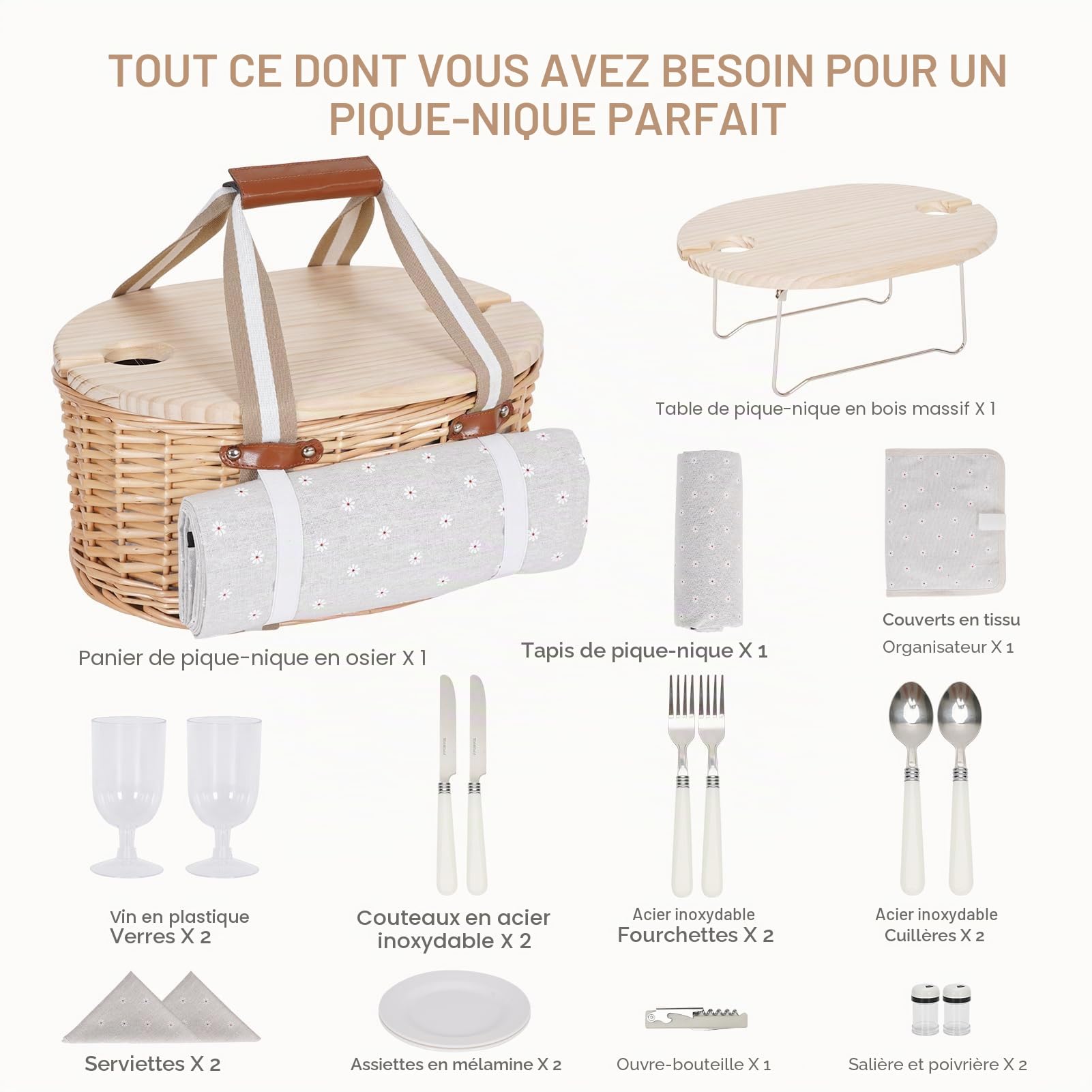 Ensemble de paniers de pique-nique pour 2 personnes - Panier isolé en osier avec couverture imperméable - Table de pique-nique pliable pour vin et couverts - Pour camping, extérieur, Saint-Valentin